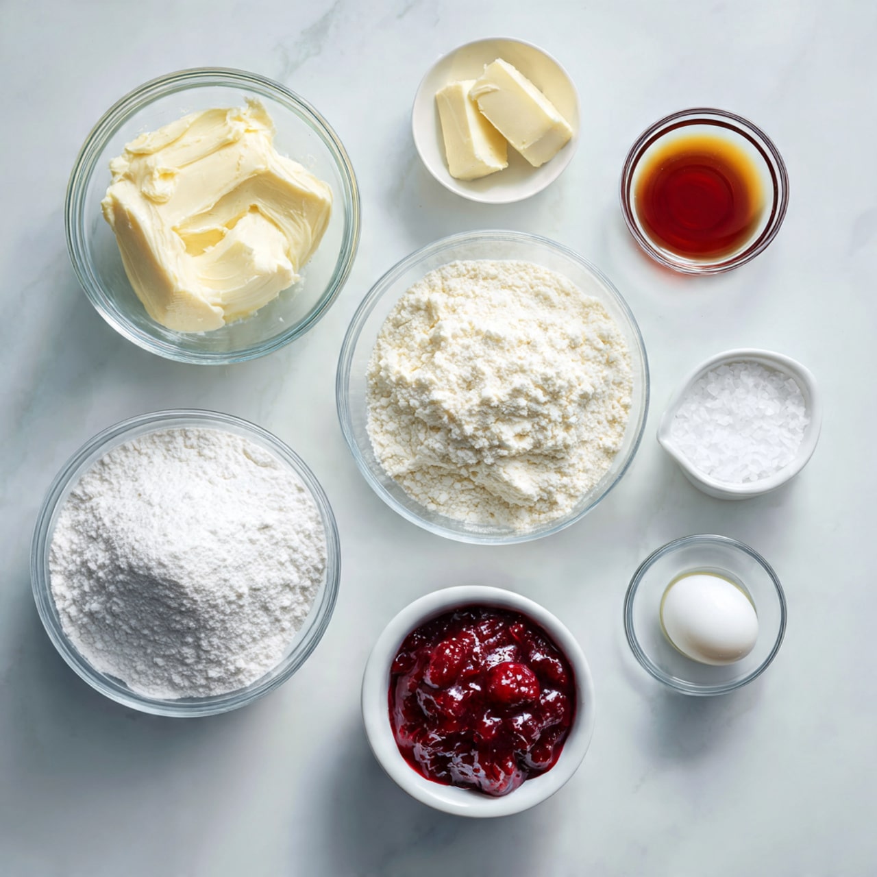 The image shows several small pastries arranged closely on a white marbled surface. Each pastry has a light golden brown, flaky dough folded into a square shape with a heart-shaped cutout in the center. Inside the heart cutout, there is either a bright red jam or a light brown crumbly topping, giving a contrast of colors. The pastries appear soft and delicate with a light dusting of powdered sugar on top, adding a slight white texture. The overall look is inviting and neat, highlighting the layers of dough and sweet fillings. photo taken with an iphone --ar 4:5 --v 7