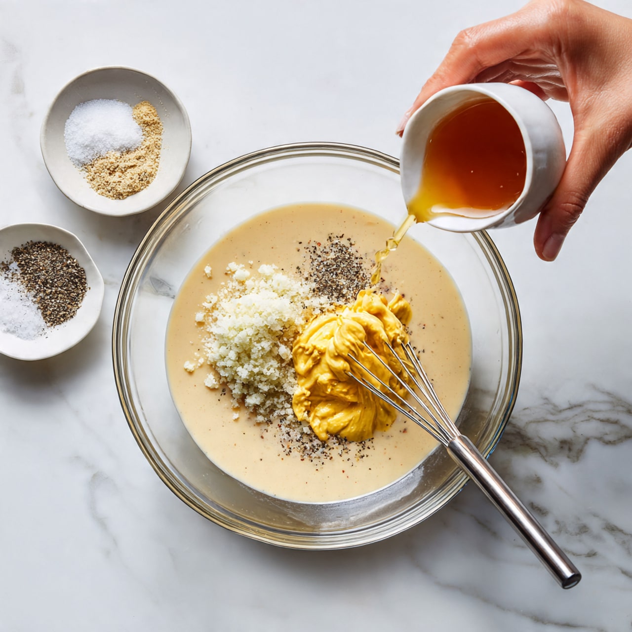 A small clear glass jar with vertical ridges is on a white plate, placed on a white marbled surface. Inside the jar is a smooth, light beige creamy sauce filling about halfway up. Above the jar, a spoon held by a woman's hand is dripping the same creamy sauce back into the jar, showing a thick but flowing texture. The background is bright and soft, mostly white, with a blurred bowl and a hint of a lemon on the right side. The overall colors are soft and neutral, focusing on the creamy sauce and clear glass jar. photo taken with an iphone --ar 4:5 --v 7