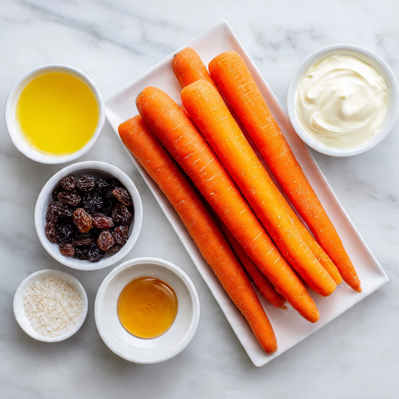 The image shows four large bright orange carrots placed side by side on a white rectangular plate in the center. Around the plate on a white marbled surface, there are six small white bowls each holding a different ingredient: one with light yellow lemon juice at the top left, one with creamy pale yellow mayo at the top right, one with dark amber honey below the lemon juice, one with small dark brown raisins at the bottom left, one with white coarse salt in the center below the plate, and one with thick white Greek yogurt at the bottom right. Each bowl's content contrasts clearly with the smooth white bowls and white marbled background, creating a clean and fresh look. photo taken with an iphone --ar 4:5 --v 7