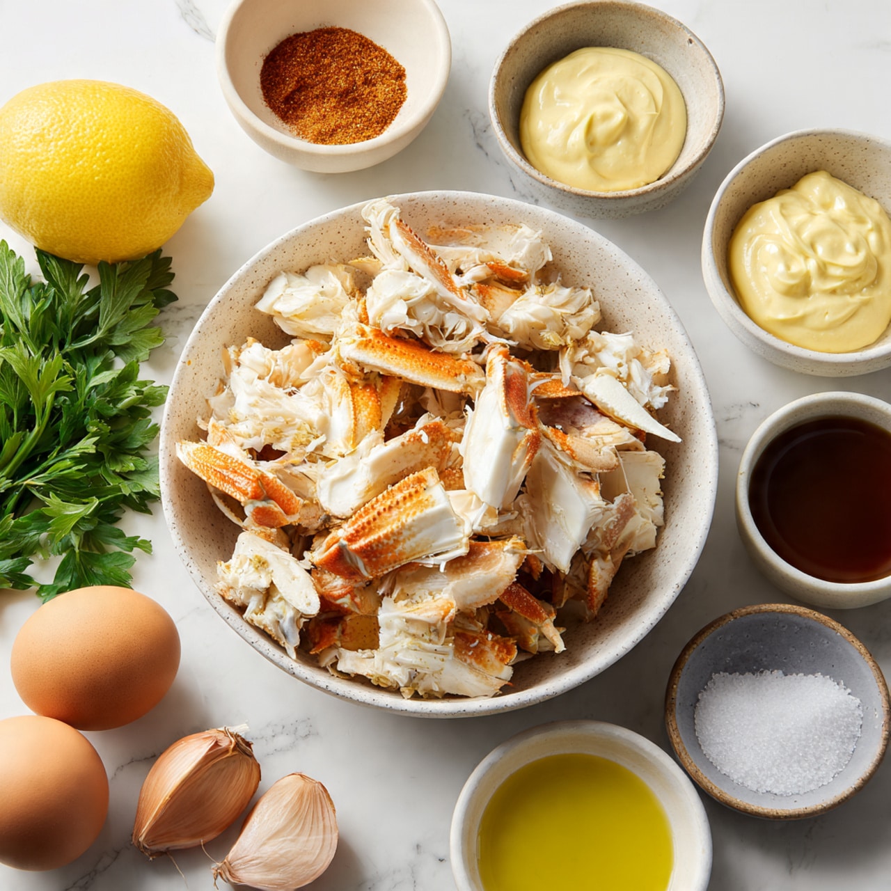 A clear glass bowl shows four separate layers of ingredients arranged side by side: shredded white crab meat with some brown edges at the bottom left, a pile of finely chopped green herbs in the top left, a small heap of finely chopped light pink and white onions in the center, and a mound of pale yellow almond flour on the right. The bowl sits on a white marbled surface with a wooden cutting board holding more chopped herbs and a white-handled knife at the bottom left. Near the bowl’s top right is a white bowl with more almond flour and a silver spoon lying next to it. Some fresh parsley leaves are at the bottom right edge of the image. Photo taken with an iphone --ar 4:5 --v 7