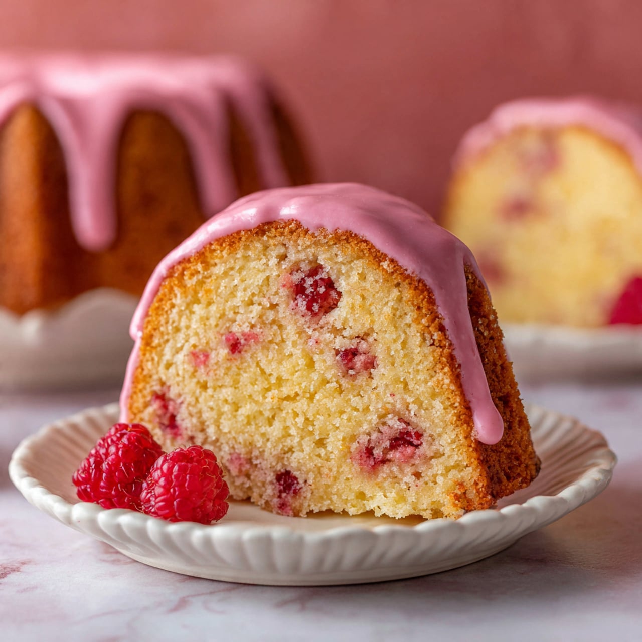 The image shows a single slice of a bundt cake on a white scalloped plate. The cake slice has a golden-yellow crumb with small red berry pieces mixed inside. On top, there is a smooth, thick layer of bright red icing that slightly drips over the edges. Next to the cake slice on the plate, there is one whole raspberry adding a fresh detail. In the background, parts of the whole bundt cake with the same icing and texture are visible on a white plate, all set on a white marbled surface with a blurred dark reddish-brown backdrop. Photo taken with an iphone --ar 4:5 --v 7