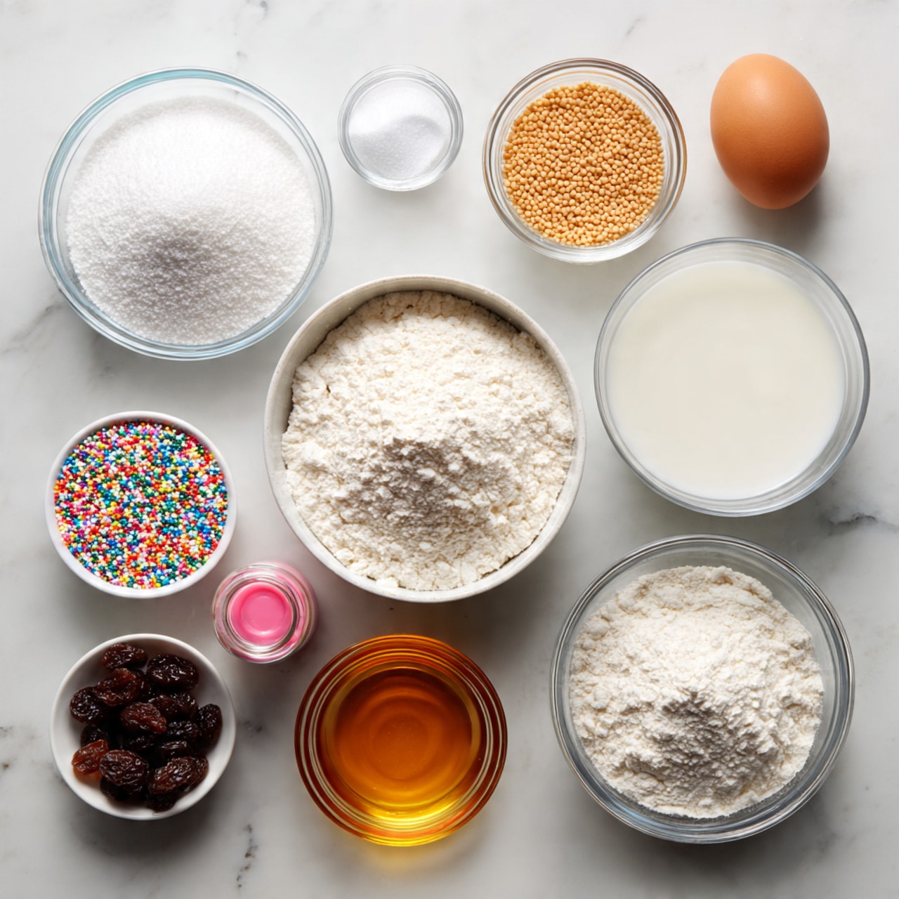 A collection of baking ingredients is arranged on a white marbled surface. From top left, there is a large clear bowl filled with white powdered sugar, next to a smaller clear bowl with salt. Below these, a round clear bowl contains small beige yeast granules. Next to it is a whole brown egg. To the right, there is a clear glass filled with white milk and a clear bowl filled with white granulated sugar. Below, a large white bowl holds white flour. To the left of the flour, a small clear bowl is filled with multi-colored round sprinkles, and next to it is a tiny bottle of pink liquid food coloring. Above, a clear bowl contains dark brown raisins, and two clear bowls hold golden and amber liquids placed side by side. The composition is neatly spaced and all containers are transparent or white, showing the different textures and colors clearly, photo taken with an iphone --ar 4:5 --v 7