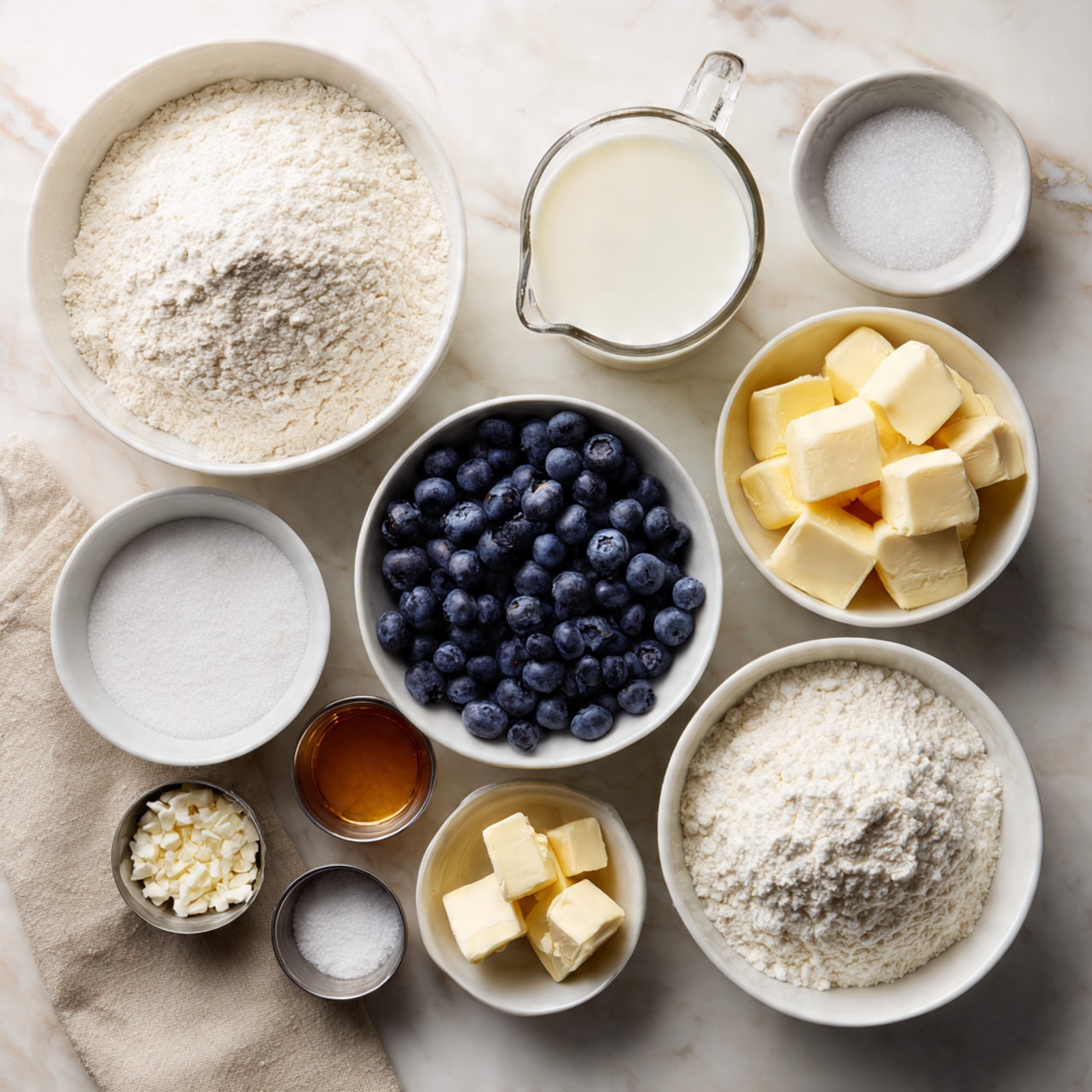 The image shows multiple white bowls and small metal cups arranged neatly on a light beige surface. One large white bowl is filled with fine white flour, showing a soft, powdery texture. Next to it, a medium white bowl holds fresh dark blue blueberries that look plump and smooth. A smaller white bowl contains white sugar with a grainy texture. Another white bowl contains pale yellow butter cut into cubes with a smooth, solid look. There's a clear glass measuring cup filled with white liquid, likely milk, showing a few bubbles on top. Small metal cups hold tiny amounts of white salt, white baking powder, white baking soda, and light yellow butter chunks, plus a small metal cup has amber-colored liquid, probably vanilla extract. A beige cloth is slightly visible at the bottom left corner. The whole scene sits on a white marbled surface. photo taken with an iphone --ar 4:5 --v 7