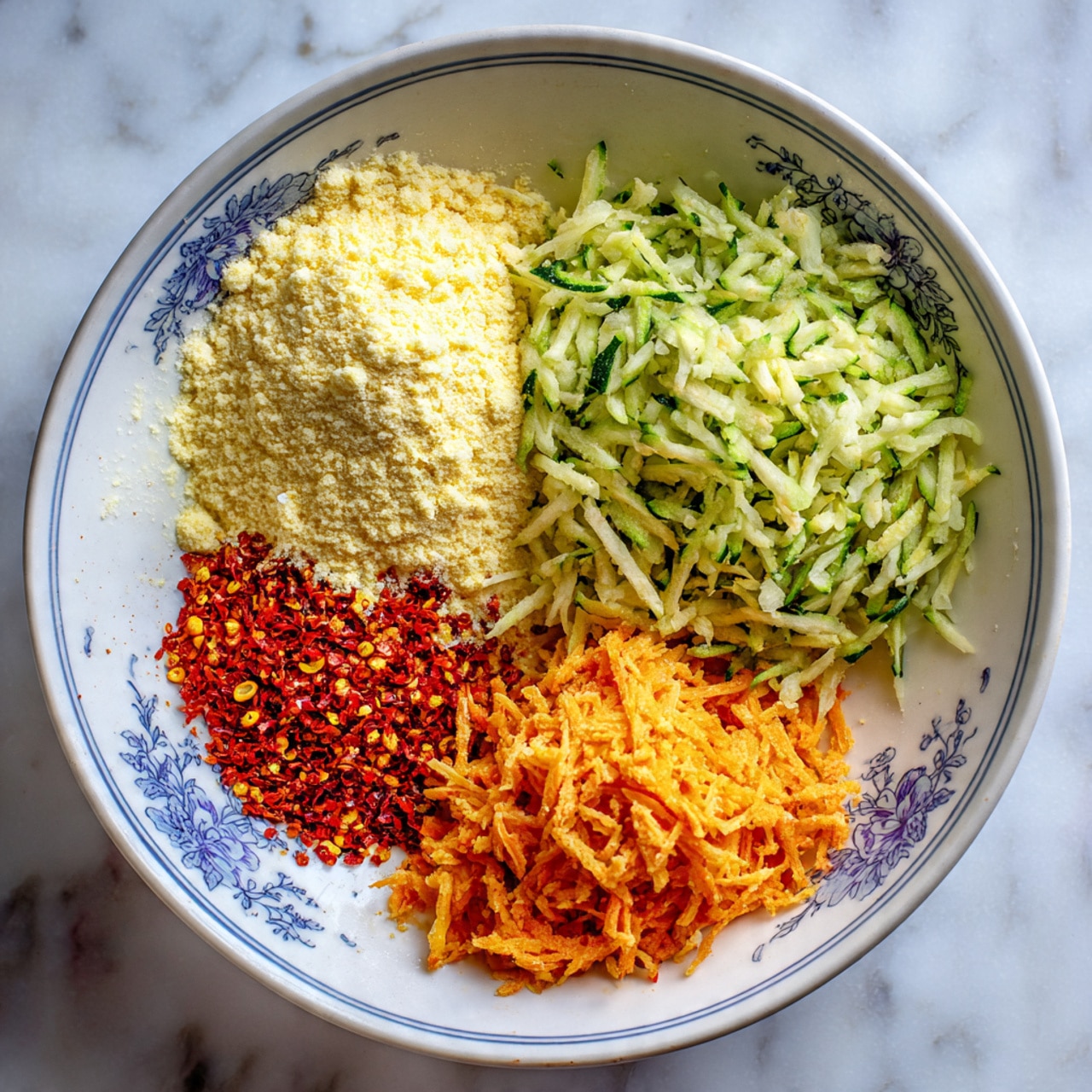 A white plate with a light blue floral pattern holds four separate piles of finely grated and chopped ingredients arranged close to each other but not mixed. The top right pile is shredded green zucchini with a moist, soft texture. The top left pile is pale yellow flour with a dry, powdery look. The bottom left pile is finely chopped bright red chili peppers with a slightly shiny surface. The bottom right pile is shredded orange carrots with a soft, fibrous texture. All ingredients sit on a white marbled surface. Photo taken with an iphone --ar 4:5 --v 7