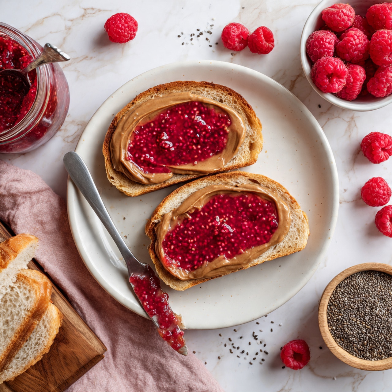 A silver metal saucepan filled with a bright red thick sauce that covers the bottom and sides, with a large mound of small black chia seeds piled on one side of the sauce's surface. The saucepan has a shiny handle extending downwards and is placed on a white marbled surface. A soft pink cloth is partly visible on the left side of the image. Photo taken with an iphone --ar 4:5 --v 7