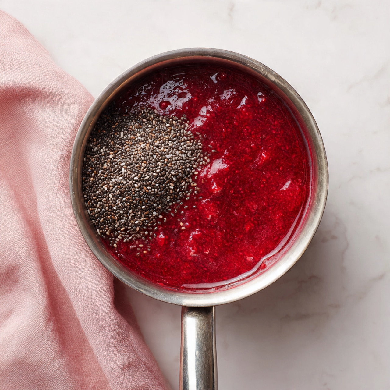 The image shows two slices of light golden bread on a white plate, each topped with a smooth brown layer of nut butter and a thick, bright red layer of raspberry jam with visible seeds on top. A silver knife with some jam on it rests partially on the plate, pointing toward the lower left. The plate is set on a white marbled surface scattered with a few fresh red raspberries and black chia seeds. Nearby, there is an open jar filled with jam, a small bowl of fresh raspberries, a bowl of chia seeds, a folded pink cloth, and a wooden board holding extra slices of bread. Photo taken with an iphone --ar 4:5 --v 7