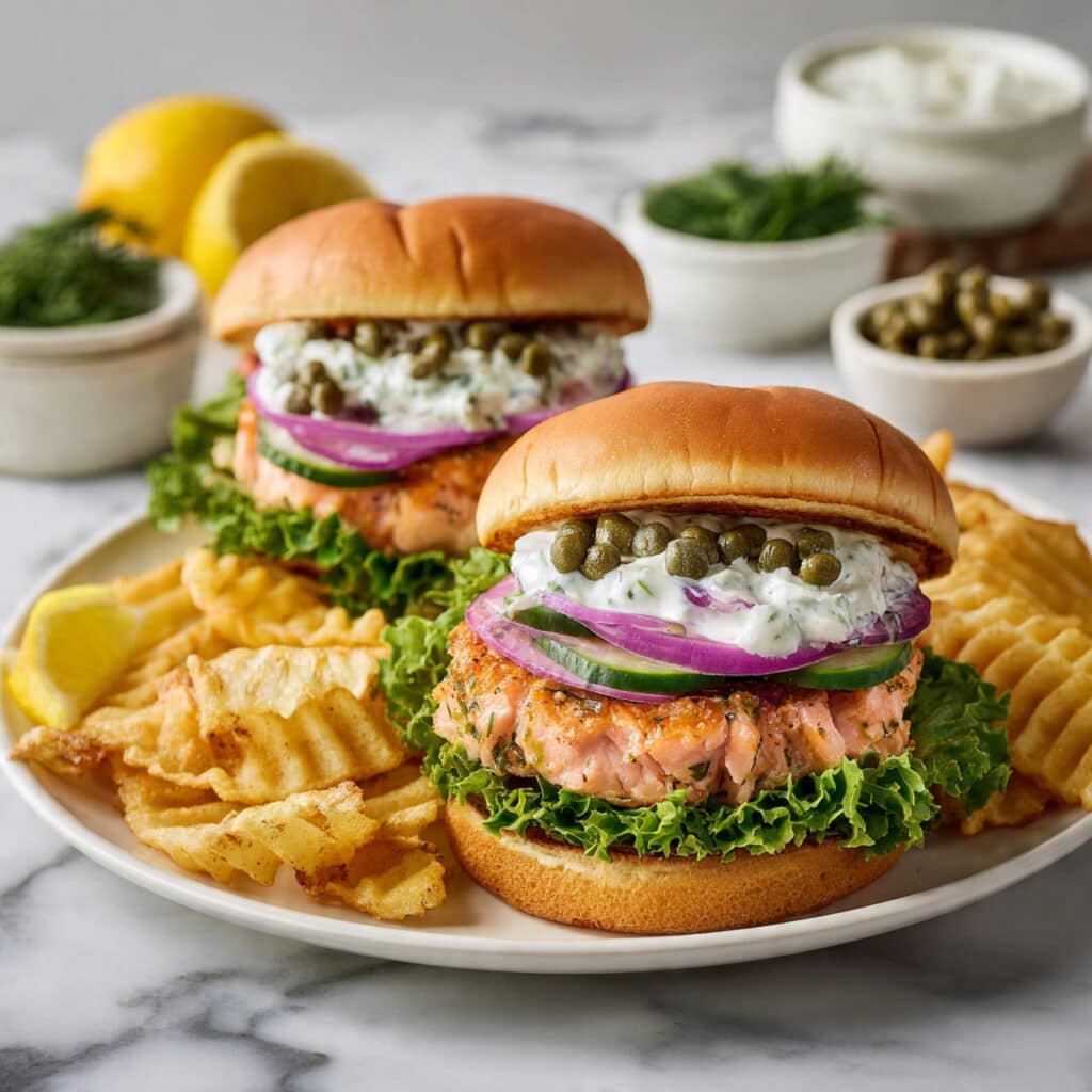 Salmon Burgers with Dill Yogurt Sauce and Fresh Garnishes Recipe