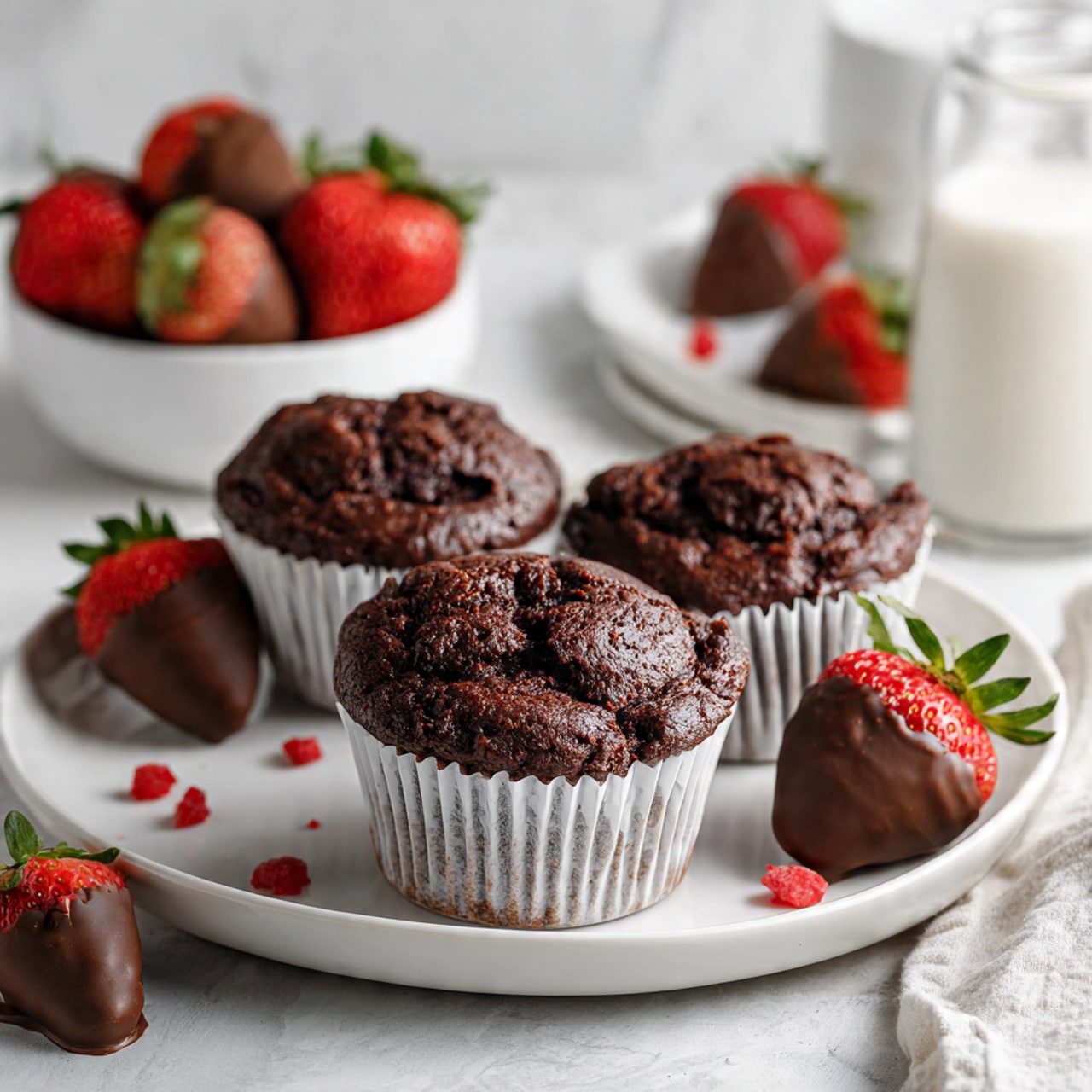 The image shows four rich dark brown chocolate muffins in white paper liners placed on a white plate with a light brown rim, sitting on a white marbled surface. Around the muffins, there are red crushed pieces scattered on the surface and a few chocolate-covered strawberries with green tops and red bits on the chocolate coating. In the background, there is a white bowl with fresh red strawberries and a clear glass bottle filled with milk. Another white plate holds more chocolate-covered strawberries and is slightly blurred, all set against a soft white marbled texture background. Photo taken with an iphone --ar 4:5 --v 7