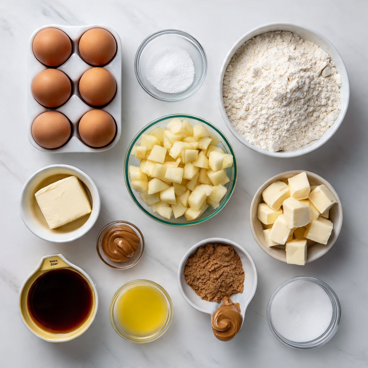 The image shows a clean flat lay of baking ingredients arranged neatly on a white marbled surface. There are twelve containers in total: at the top left, six brown eggs in a white egg holder; next to them, two small clear bowls with salt and baking soda. To the right, a large white bowl filled with white flour. Below the eggs, a medium clear bowl filled with small diced pale yellow apples. To the right, a small clear bowl with apple juice, and next to it, a small white bowl holding cubes of butter. Below, a small white bowl with packed brown sugar, next to a smaller clear bowl with brown cinnamon powder, and in the center a small clear measuring cup with peanut butter. At the bottom left, a small clear bowl with dark vanilla extract, next to a yellow metal measuring cup filled with melted yellow butter. Lastly, at the bottom right, a large white bowl of white granulated sugar. photo taken with an iphone --ar 4:5 --v 7