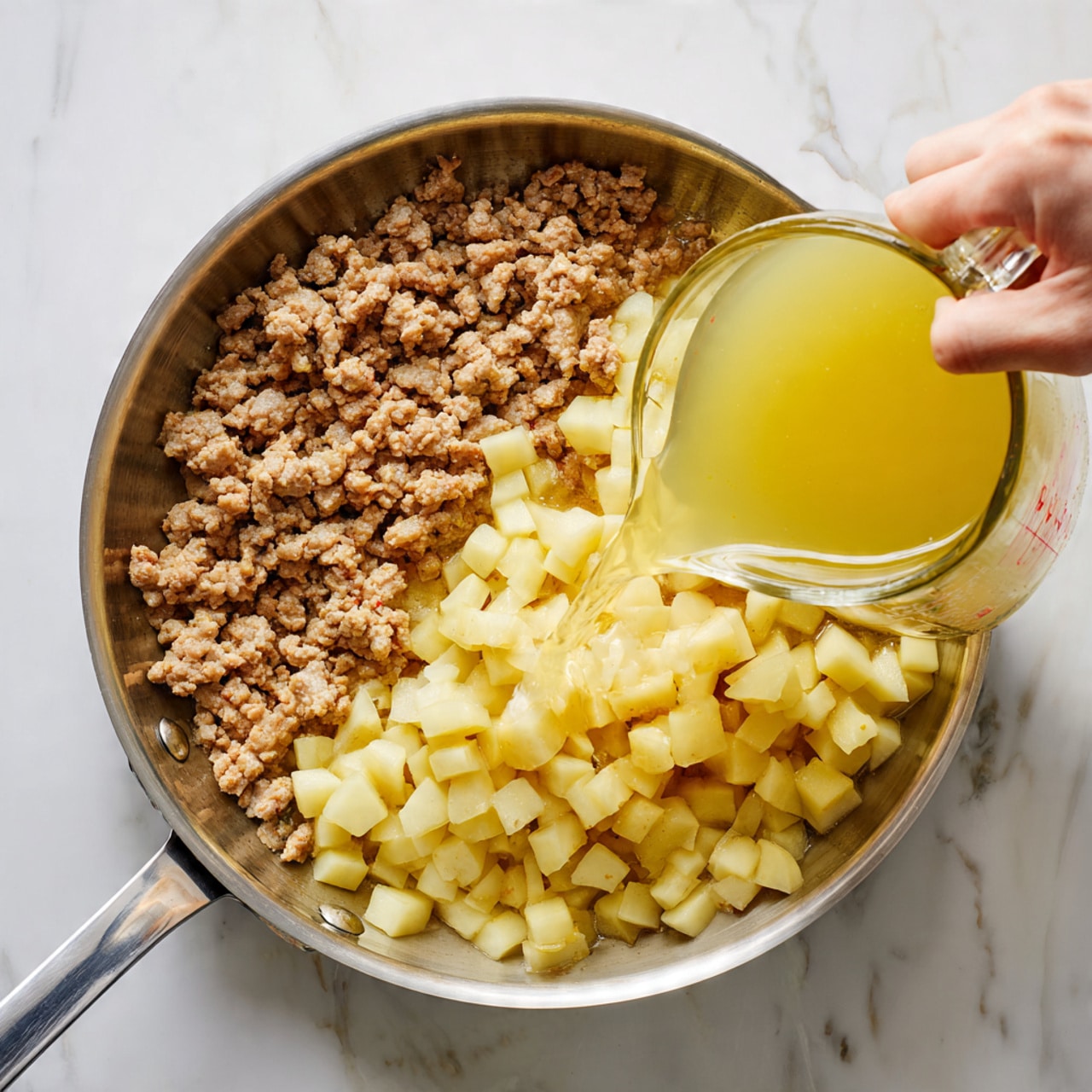 A stainless steel pan is filled half with cooked, crumbled brown ground meat on one side and a pile of small, pale yellow diced potatoes on the other side. A woman's hand is pouring a light yellow broth from a clear glass measuring cup into the pan. The background surface is a white marbled texture. photo taken with an iphone --ar 4:5 --v 7