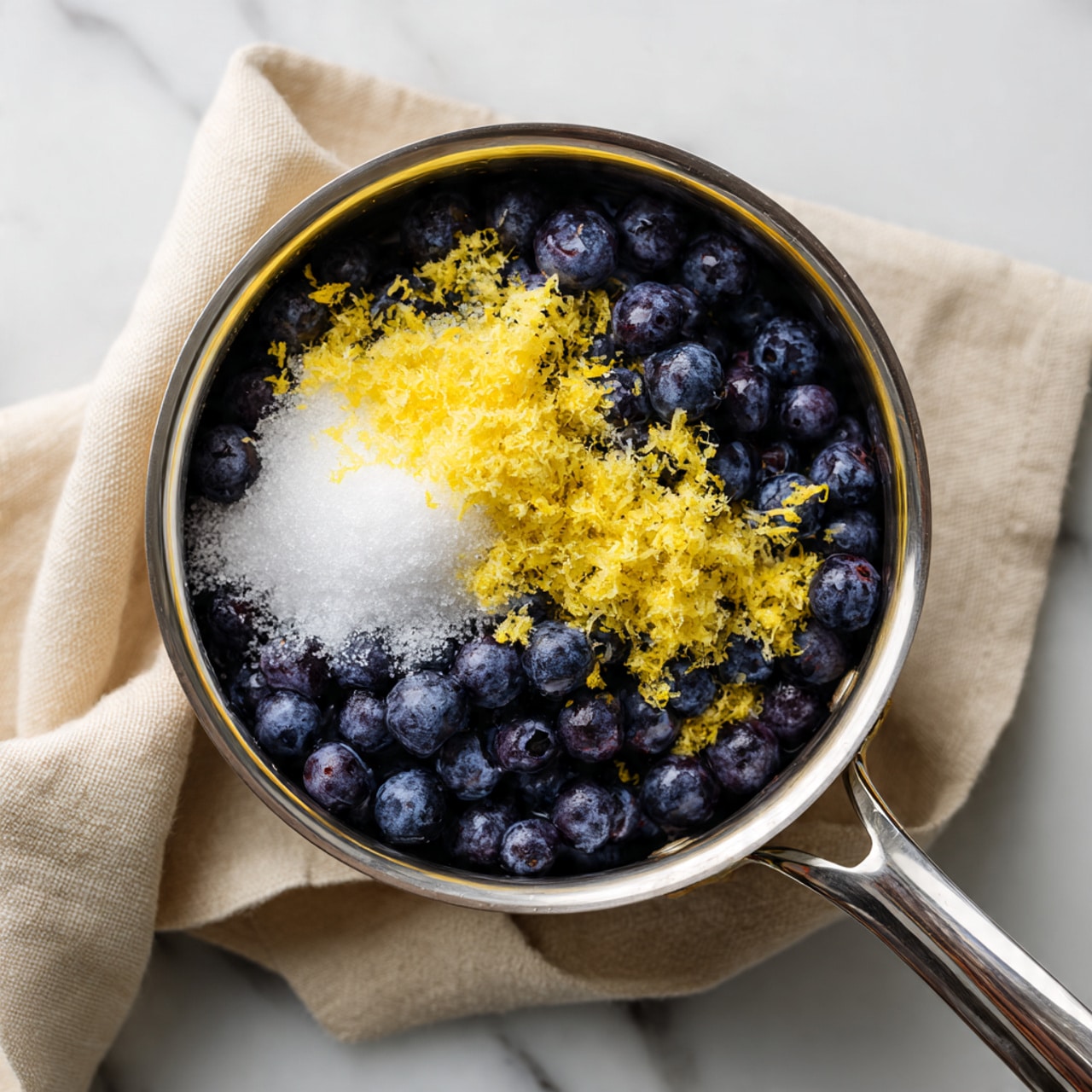 A silver metal pan sits on a white marbled surface with a beige cloth nearby. Inside the pan is a single layer of dark blue blueberries covering the bottom. On top of the blueberries, in the center, is a small pile of white granulated sugar mixed with bright yellow lemon zest, creating a contrast with the dark berries. The metal pan has a smooth texture and shiny handle extending down the left side. Photo taken with an iphone --ar 4:5 --v 7