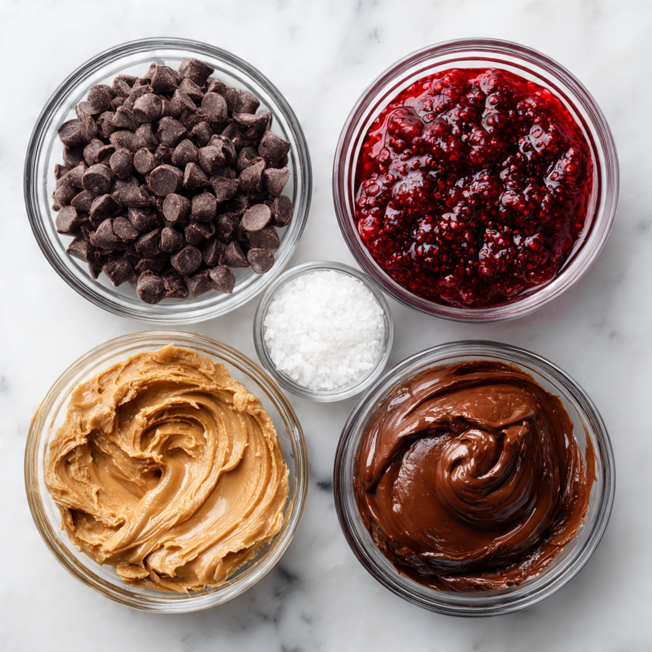 Five small clear glass bowls sit on a white marbled surface. From top left going clockwise, the first bowl holds many dark brown chocolate chips with a shiny texture. The second bowl contains white solid coconut oil with a soft, smooth look. The third bowl is filled with thick, glossy red raspberry jam with visible seeds. The fourth bowl at the bottom center has a small amount of coarse white salt crystals. The last bowl at the bottom left holds smooth, rich brown peanut butter with swirled textures. Photo taken with an iphone --ar 4:5 --v 7