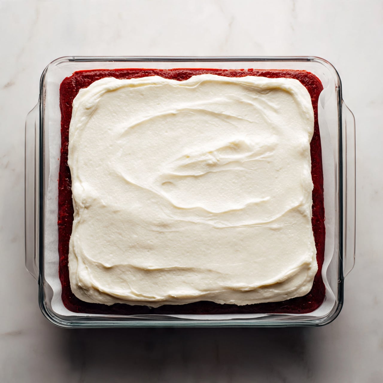 A square glass baking dish lined with white parchment paper holds a two-layer dessert. The bottom layer is dark red, smooth and rich, almost filling the dish. On top is a thick, even layer of creamy white frosting with a soft, spread texture that covers the red layer completely. The dish sits on a white marbled surface. Photo taken with an iphone --ar 4:5 --v 7