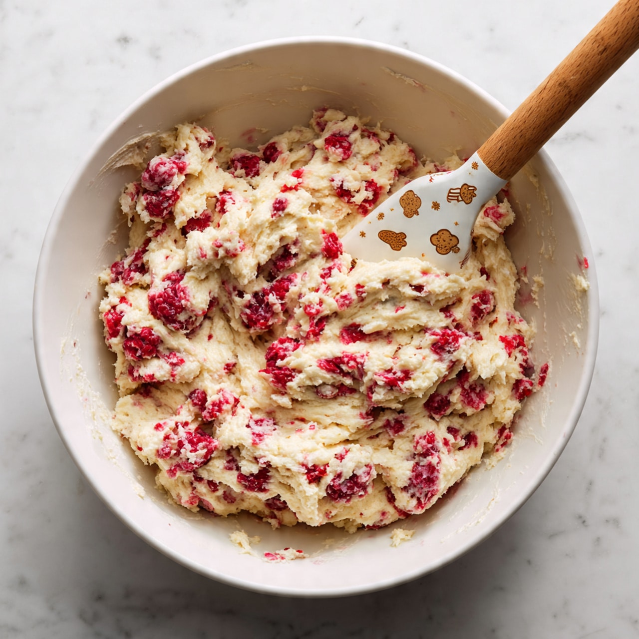 The image shows a white bowl filled with a thick, creamy dough mixed with bright red raspberries throughout. The dough has a pale, slightly lumpy texture with the red berries scattered evenly inside. A wooden spatula with a white top part decorated with small brown cookie faces rests inside the bowl, partially covered with the dough. The background surface is a white marbled texture. The scene looks bright and simple, focusing on the colorful mix inside the bowl photo taken with an iphone --ar 4:5 --v 7