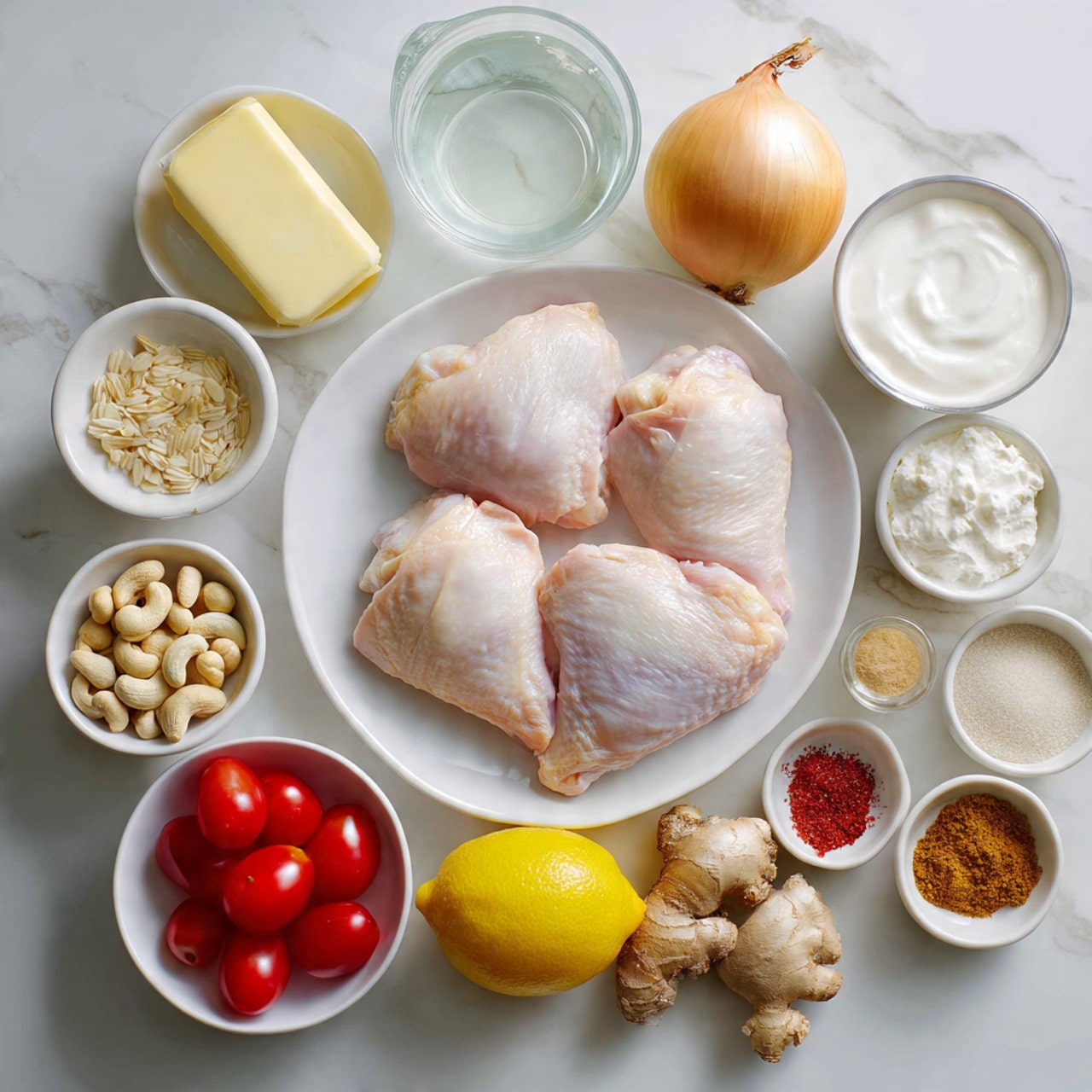 The image shows a collection of cooking ingredients neatly arranged on a white marbled surface. In the center, there is a white plate with six raw chicken thighs, light pink with smooth skin and some white fat. Around it are small white and grey bowls holding various ingredients: two sticks of pale yellow butter, a creamy white heavy cream in a small white bowl, and a clear glass container filled with water. Other bowls contain light beige cashews, thick white yogurt, a small dish of white salt, and a bowl of deep red tomatoes. There are also fresh ginger roots with a knobby tan skin, a whole bulb of white garlic, a medium light brown onion, and a bright yellow lemon. Several small bowls filled with powdered spices and coconut sugar in brown and red tones complete the setup. The items are arranged symmetrically with clear, clean labels. Photo taken with an iphone --ar 4:5 --v 7