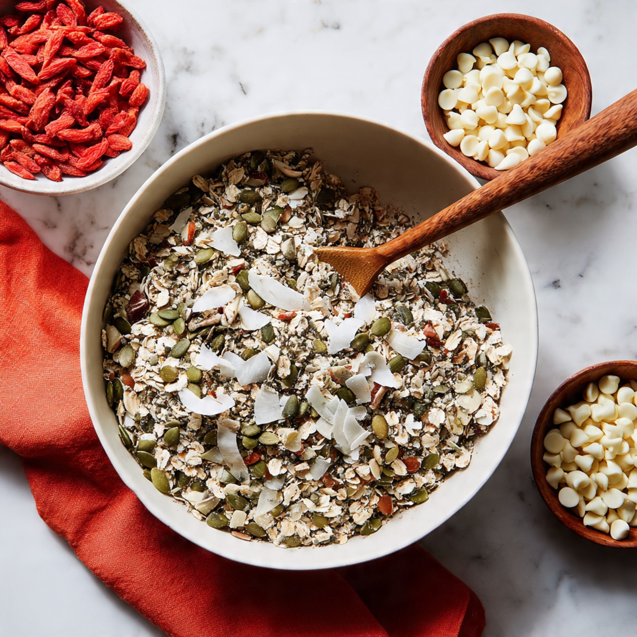 A large white bowl filled with a rough mix of oats, green pumpkin seeds, brown nuts, and white coconut flakes sits in the center on a white marbled surface. A wooden spoon rests inside the bowl, partially buried in the mix. To the left, there is a smaller white bowl filled with red dried strawberry slices. To the right, another small white bowl holds many small white chocolate chips. An orange cloth partially peeks from under the big bowl. photo taken with an iphone --ar 4:5 --v 7