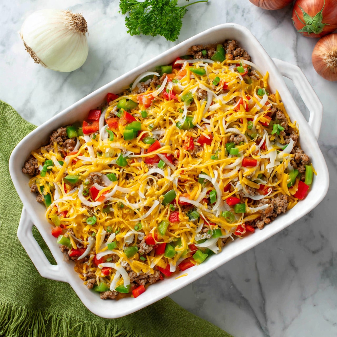 A white rectangular dish filled with a colorful mix of ingredients, topped with layers of shredded yellow and white cheese evenly spread across the surface. Under the cheese layer, there are small chunks of cooked ground meat scattered throughout. Mixed in are pieces of red, green, and yellow bell peppers along with thin slices of white onion, all visible under and around the cheese. The dish sits on a white marbled surface with a green cloth napkin partially visible in the lower left corner. Photo taken with an iphone --ar 4:5 --v 7