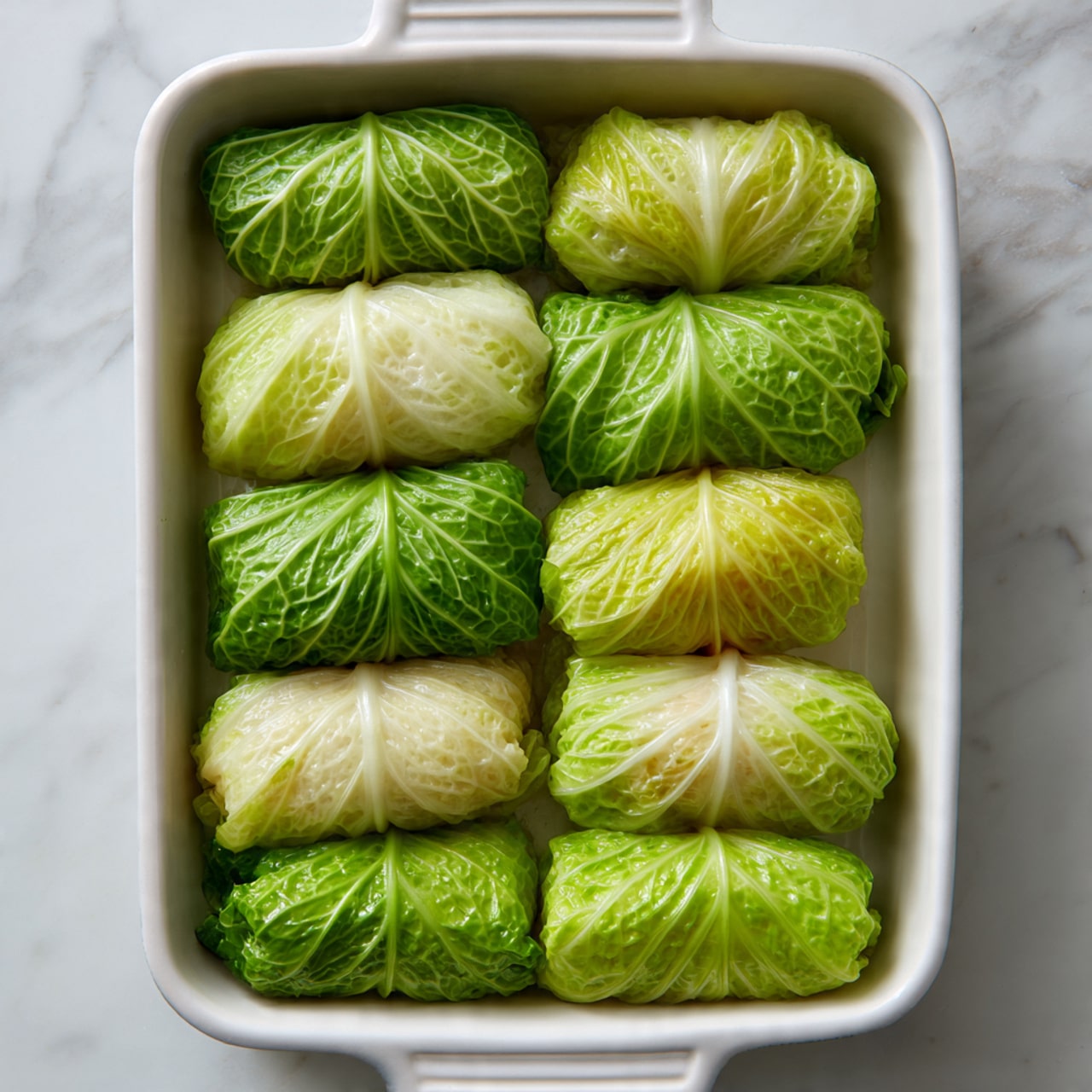The image shows a white rectangular baking dish filled with eleven tightly wrapped cabbage rolls arranged in three rows. Each roll is wrapped in pale green cabbage leaves with white veins, giving them a soft and smooth texture. The cabbage rolls vary slightly in color, some appearing a bit more translucent with hints of the filling visible underneath, while a few have a deeper green shade. The dish is placed on a white marbled surface, which adds a clean and elegant background to the presentation. photo taken with an iphone --ar 4:5 --v 7