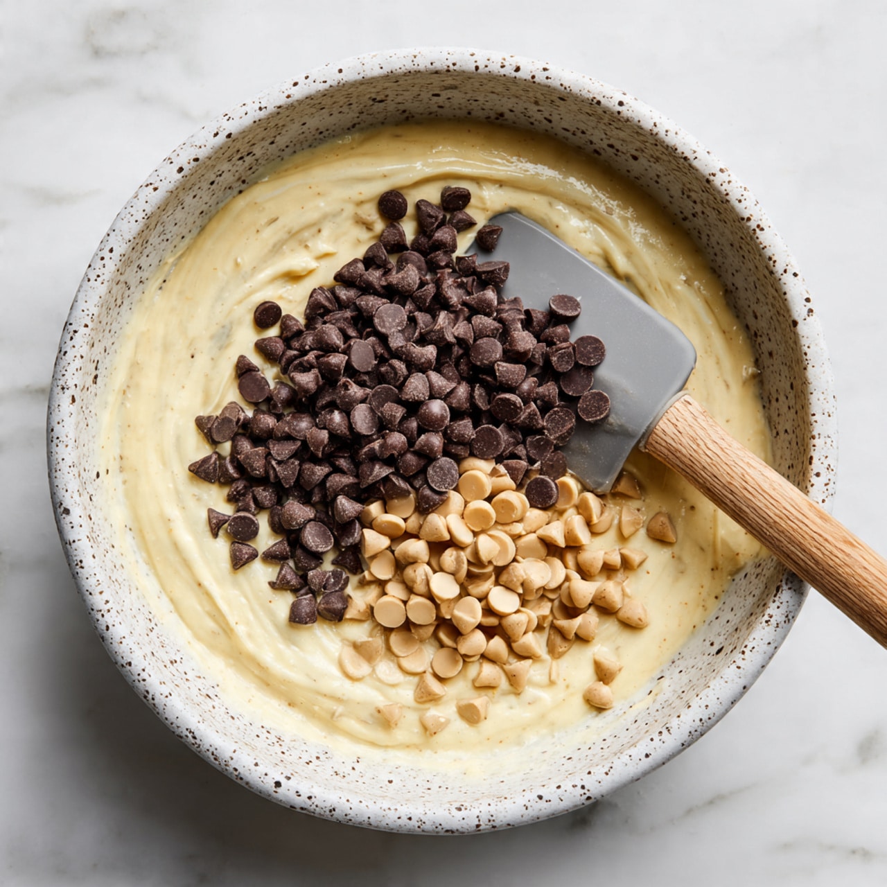 A white bowl on a white marbled surface with flour and cocoa powder mixed together with a whisk that has a wooden handle, positioned on the left side. To the right, there is a larger white bowl filled with white sugar. Above this bowl is a small glass bottle with light yellow oil, and a smaller empty white bowl sits beside it. Next to the small empty bowl is a metal spoon holding a small amount of dark brown liquid. Below the bowls on the white marbled surface is a clear glass measuring cup with water. The setup looks like ingredients for baking, arranged neatly with soft natural light. Photo taken with an iphone --ar 4:5 --v 7