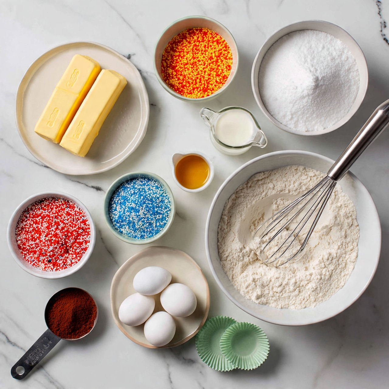 Two white speckled bowls sit on a white marbled surface, each filled with thick batter. The top bowl has a light tan batter with small red pieces mixed throughout and a clear spoon resting inside. The bottom bowl contains a similar light tan batter but with bright orange and green sprinkles scattered evenly in the mix, also with a clear spoon. The batter in both bowls is creamy with gentle swirls visible on the surface, showing texture and color contrast. Photo taken with an iphone --ar 4:5 --v 7