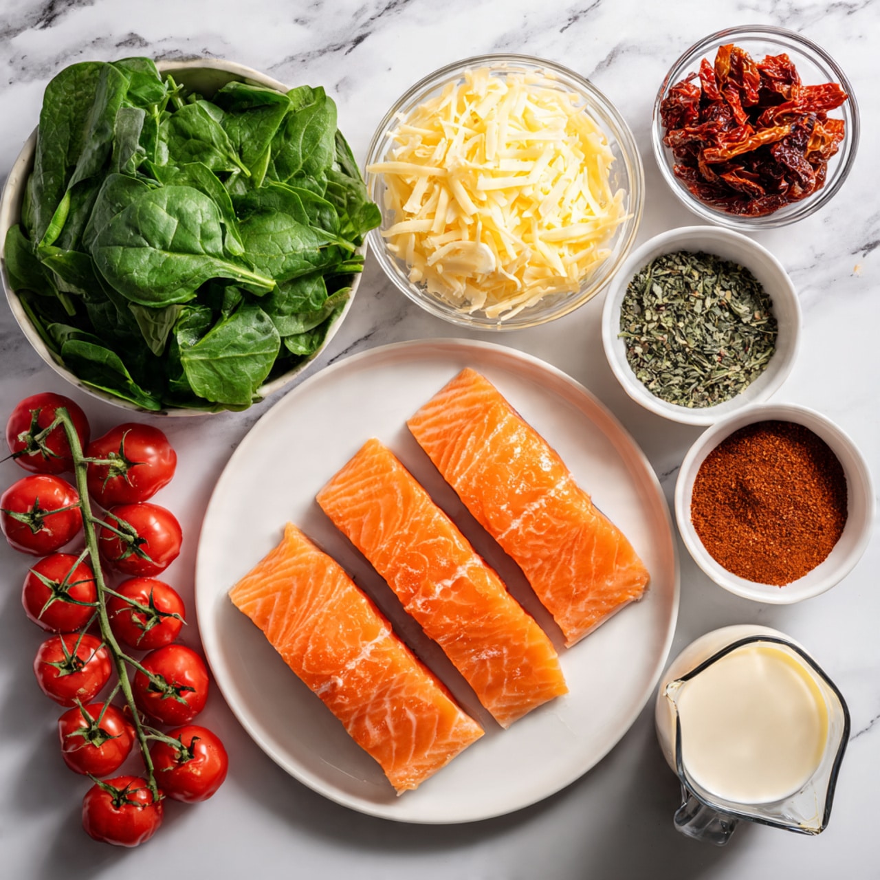 The image shows several ingredients laid out on a white marbled surface. There are four bright orange salmon fillets placed neatly on a white plate at the bottom right. Next to them, on the left, is a white bowl filled with fresh, dark green spinach leaves. Above the spinach, a small glass bowl holds minced garlic cloves. To the right of the garlic, there are two white bowls, one filled with sun-dried tomatoes and the other with mixed dried herbs. Near the top right, there is a larger white bowl containing pale yellow shaved cheese. Below the cheese, a small white bowl holds a reddish seasoning powder, and next to this is a small white bowl with a dark liquid, likely balsamic vinegar. Lastly, there is a glass measuring cup filled with a creamy white liquid placed at the right edge of the image. Clustered at the top left are bright red cherry tomatoes still attached to green stems. The overall setup is clean and colorful, with fresh and dried ingredients clearly separated and organized. photo taken with an iphone --ar 4:5 --v 7