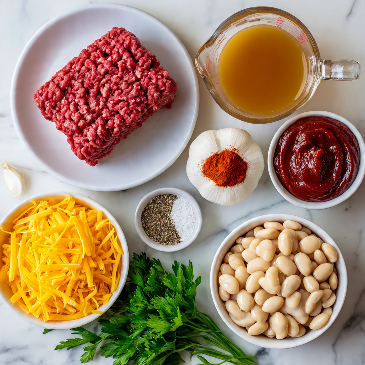 The image shows a white plate with one block of raw ground beef, dark red with ridged texture, placed in the upper left. To the right, there is a clear glass measuring cup with light brown beef broth. Below the beef, a small white bowl contains thick, deep red tomato paste with a smooth surface. Next to it, a smaller white bowl holds bright red chili powder with a powdery texture. A full white garlic bulb sits between the tomato paste and beef broth. A white bowl near the bottom right is filled with large, pale butter beans, smooth and oval-shaped. A yellow onion with smooth skin rests beside the beans. Below, a round white bowl holds shredded cheddar cheese, yellow-orange and finely grated. At the bottom left, there is a bunch of fresh, dark green parsley with leafy texture. A small round bowl with a salt and black pepper mix is near the beef broth. All items sit on a white marbled surface. Photo taken with an iphone --ar 4:5 --v 7