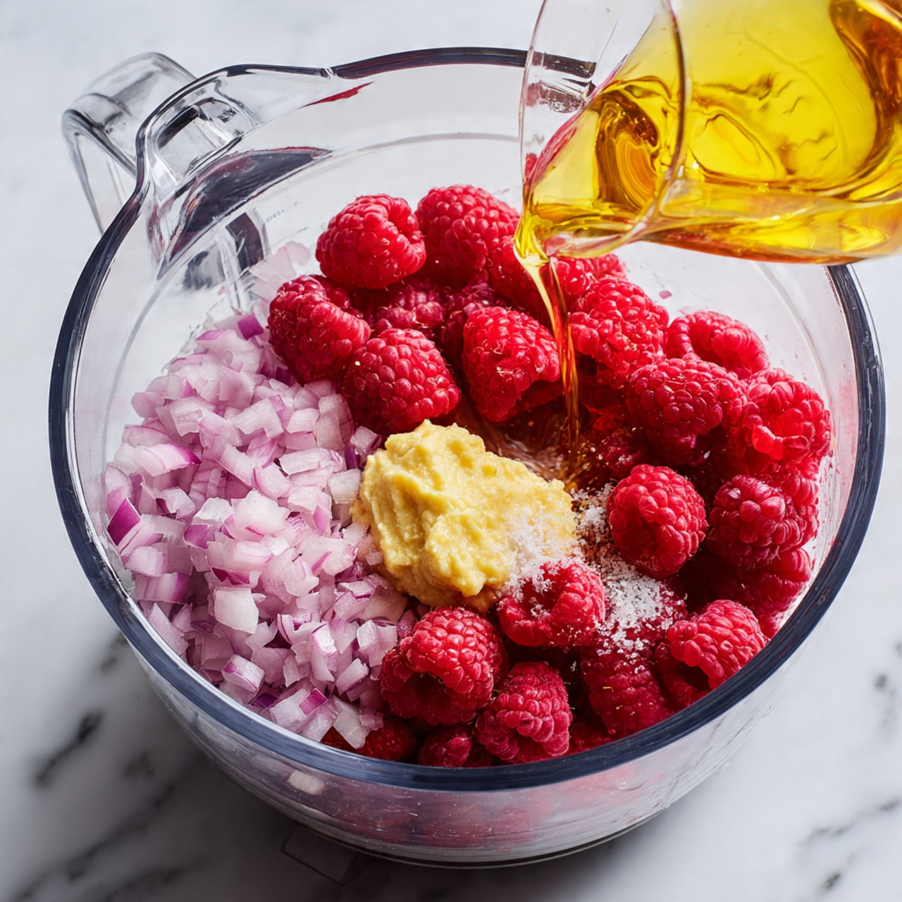 A clear food processor bowl is filled with bright red raspberries scattered around evenly. On the left side, there is a layer of finely chopped light purple onions. In the middle, a dollop of pale yellow mustard sits on top of the raspberries. Some white salt is sprinkled on the raspberries near the center. A clear glass cup is pouring golden oil into the bowl from the right side. The whole setup is placed on a white marbled surface. photo taken with an iphone --ar 4:5 --v 7