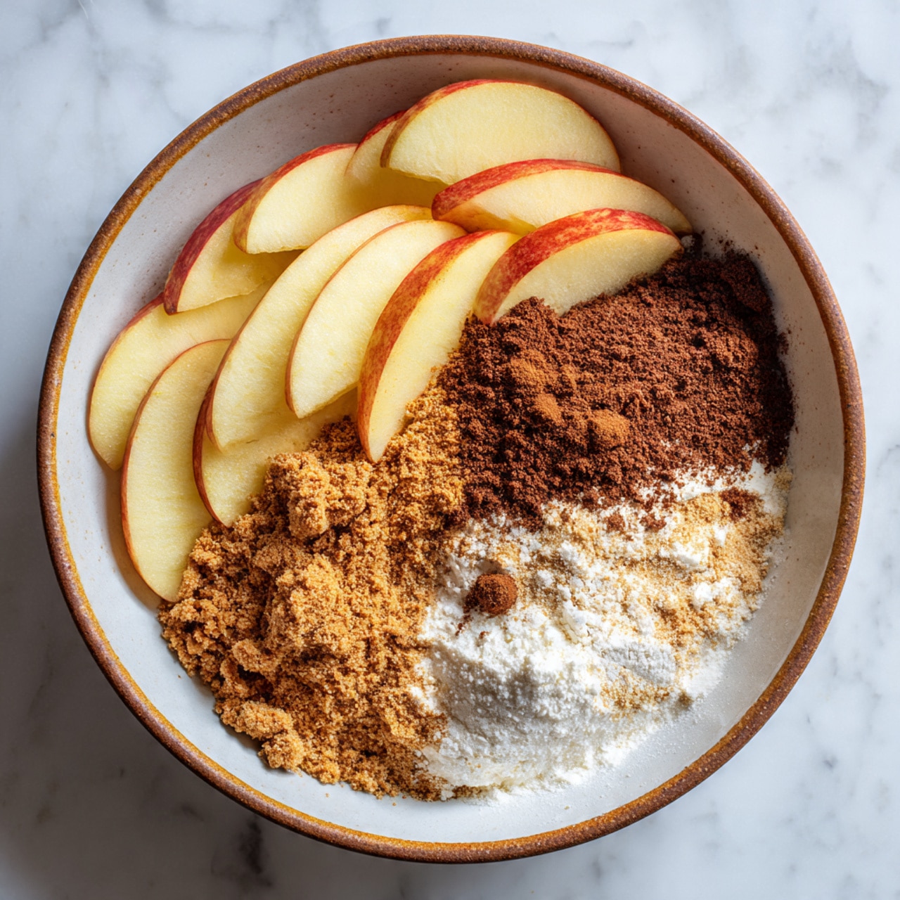 The image shows six red apples with a shiny smooth skin positioned on the lower right side of the white marbled surface. Above them, a small jar with a golden lid filled with dark brown liquid or sauce sits next to a white bowl containing a light beige foamy liquid with butter melting inside. To the left, a white plate holds light brown sugar with a crumbly texture. Above that, a wooden plate with two powders – one white and one light brown – with a rose gold metal measuring spoon resting on top. The top right corner features a white plate with black speckles, holding five rectangular crackers, pale beige in color with small holes in a grid pattern. At the bottom left, a white plate with black speckles carries a single raw egg yolk with clear egg white around it. The photo taken with an iphone --ar 4:5 --v 7