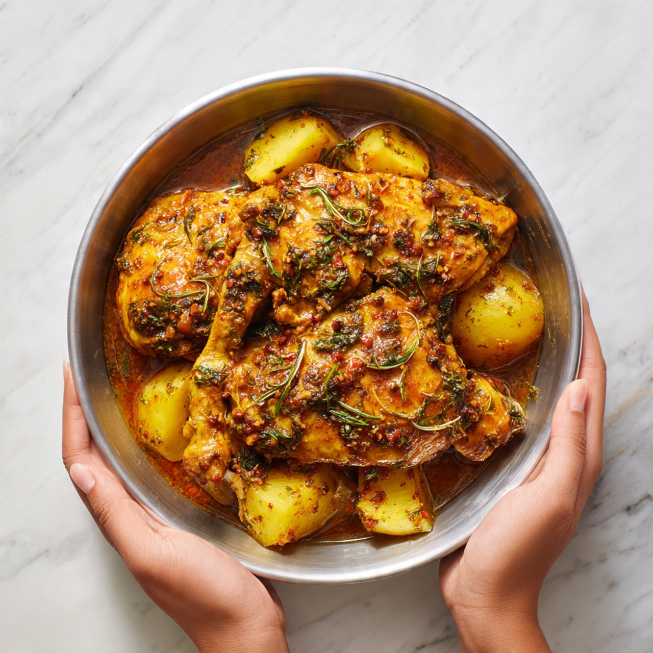 A round metal bowl held by a woman's hand on each side contains two large pieces of marinated chicken with a shiny, orange-brown coating of herbs and spices. Beneath the chicken pieces, several small yellow potato chunks are visible, also covered lightly in the marinade. The bowl sits on a white marbled surface. photo taken with an iphone --ar 4:5 --v 7