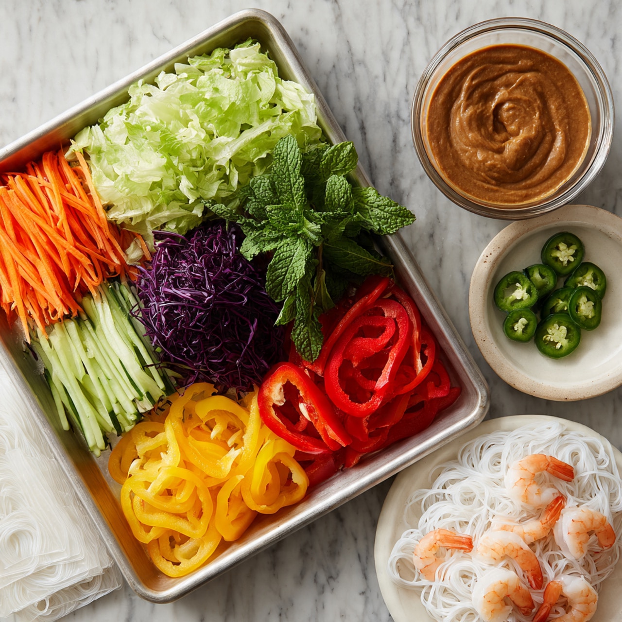 A metal tray holds several fresh vegetable layers neatly arranged: bright orange carrot sticks top left, light green butter lettuce leaves top center, dark purple shredded cabbage center left, dark green cucumber sticks bottom left, bright red sliced bell peppers center right, and bright yellow sliced bell peppers bottom right, with a small bunch of fresh mint and jalapeno slices near the red bell peppers. To the right of the tray is a glass container filled with smooth brown peanut sauce. Below the tray is a white plate holding a pile of white rice noodles on the right and orange and white cooked shrimp on the left. To the left of the plate are stacked translucent white rice paper sheets resting on the white marbled surface. Photo taken with an iphone --ar 4:5 --v 7