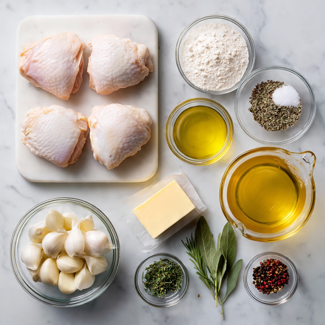 The image shows ingredients neatly placed on a white marbled surface. At the top left is a white cutting board with four raw chicken thighs, pale pink with white skin, arranged in a 2x2 grid. To the right, small clear glass bowls hold white all-purpose flour, black and pink salt and pepper mix, golden olive oil, and a light yellow block of butter. Below them is a clear measuring cup filled with light yellow dry white wine and another measuring cup with amber chicken broth. On the bottom left, a clear bowl is filled with whole peeled garlic cloves, and next to it are small glass bowls with fresh green rosemary, thyme, bay leaf, and parsley. A tiny bowl with dark red pepper flakes is placed on the bottom right. The setup is clean, minimal, and organized. photo taken with an iphone --ar 4:5 --v 7