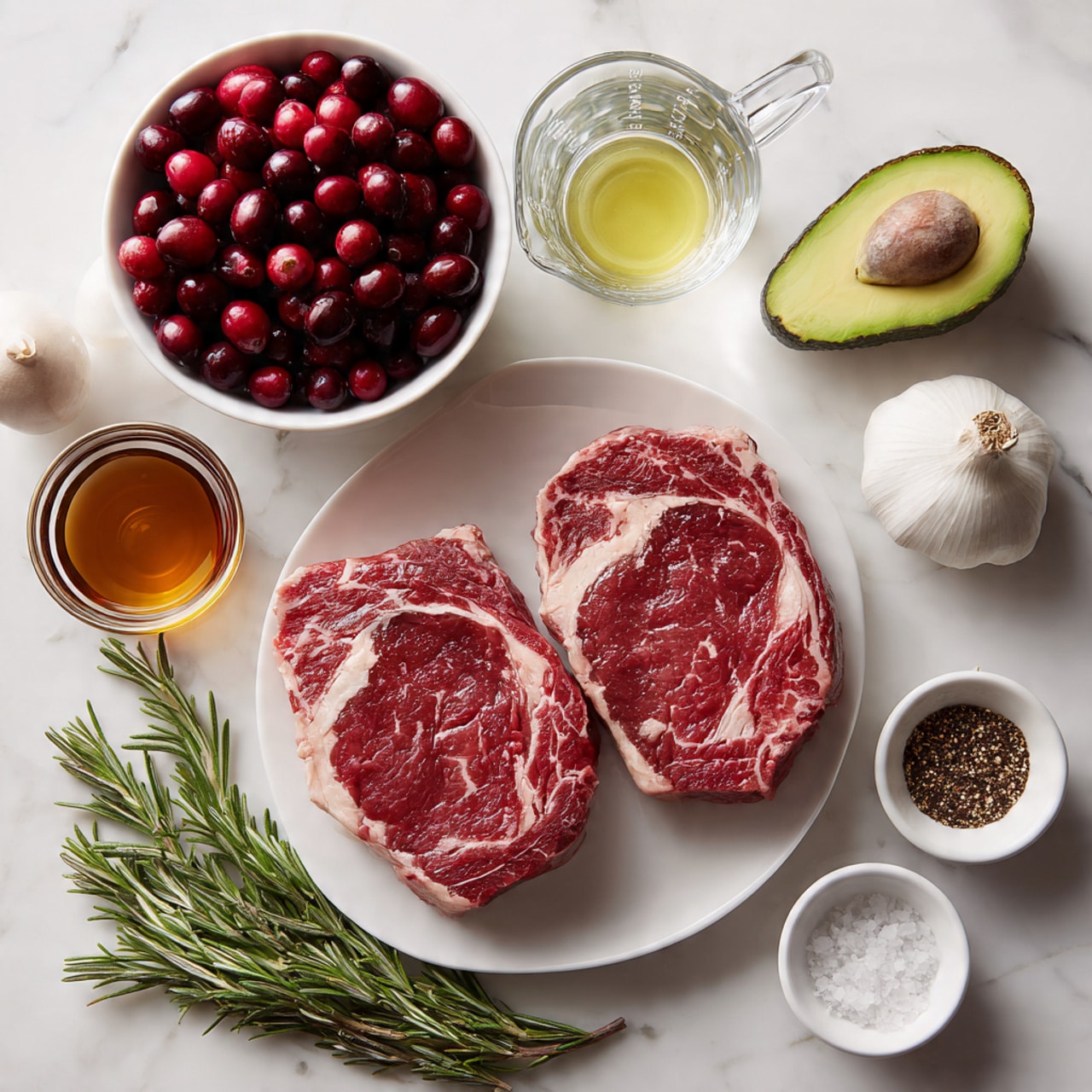 Two raw ribeye steaks with red and white marbling are placed on a round white plate near the center. To the top left of the steaks, there is a full white bowl of fresh, shiny, dark red cranberries. Above that, a glass measuring cup filled with clear water sits near a small white bowl with light yellow avocado oil. Below the steaks on the left, a small white container holds dark amber maple syrup. Next to it is a whole bulb of white garlic resting on the white marbled background. A bunch of fresh green rosemary sprigs lay to the bottom left corner. Near the bottom center, a glass cup contains dark balsamic vinegar. On the right bottom side are two small bowls, one with coarse white salt and the other with black pepper and spices, all against the white marbled surface. photo taken with an iphone --ar 4:5 --v 7