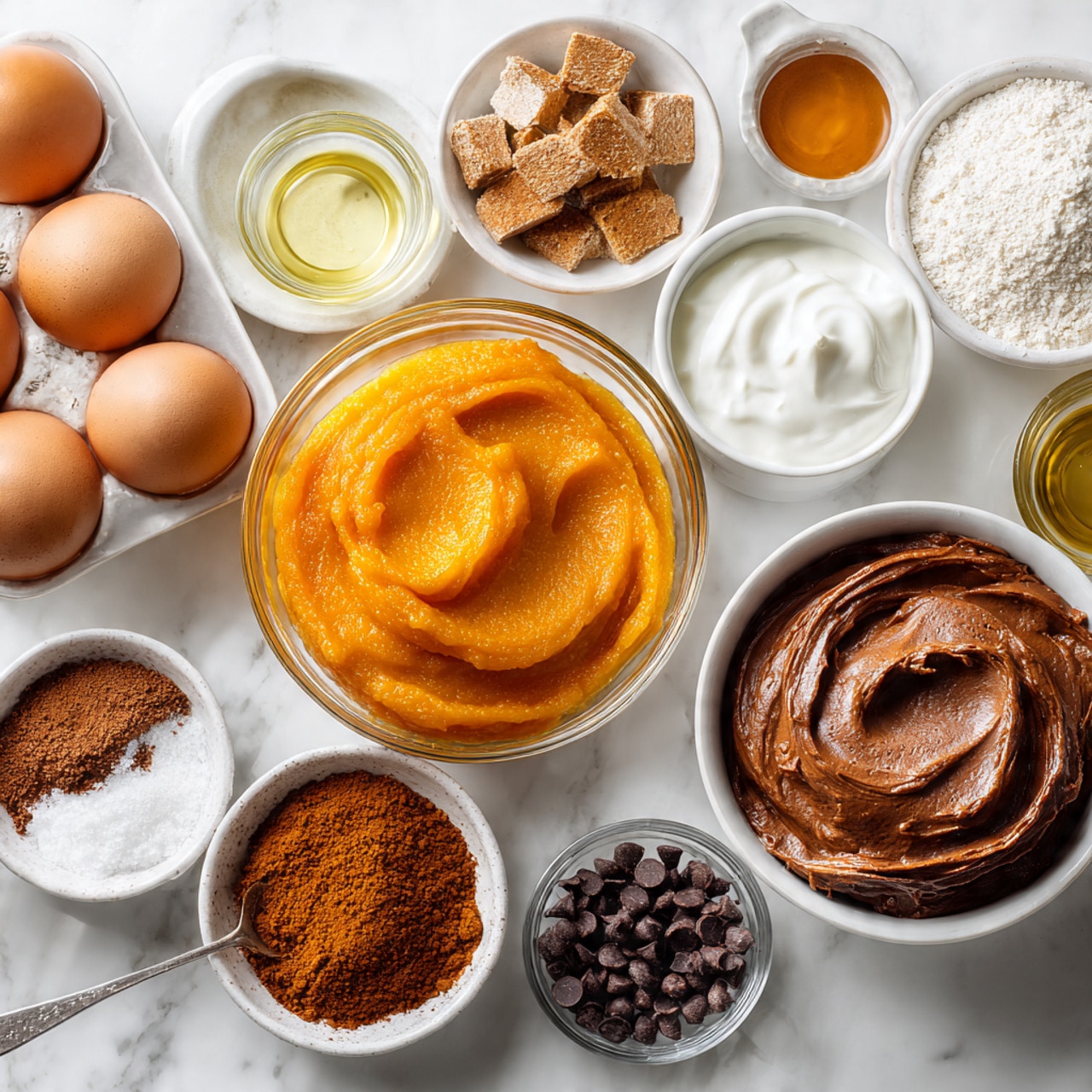 A square baking pan lined with parchment paper holds an unbaked dessert with a patchwork of two thick layers: a bright orange layer spread evenly across the base and a dark brown layer in uneven dollops scattered on top, giving a textured, rough look. Surrounding the pan on a white marbled surface are scattered dark chocolate chips, and above the pan, there is a metal ice cream scoop with leftover dark brown mixture inside, resting with its handle pointing outward. The scene is bright and clean, highlighting the contrast between the two layers. photo taken with an iphone --ar 4:5 --v 7