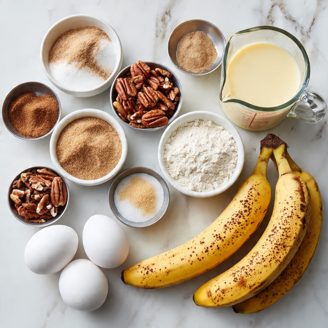 The image shows a variety of ingredients neatly arranged on a white marbled surface. There are three ripe bananas with brown spots on the right side, beside a glass measuring cup filled with a creamy liquid. Surrounding them are small white bowls and metal cups holding different ingredients: chopped pecans, white granulated sugar, brown sugar, butter, flour, baking powder, cinnamon, salt, and vanilla extract. Three white eggs are placed near the center of the layout. The colors range from the yellow and brown speckled bananas to the white and off-white powders and the rich brown pecans, all standing out clearly against the light background. Photo taken with an iphone --ar 4:5 --v 7