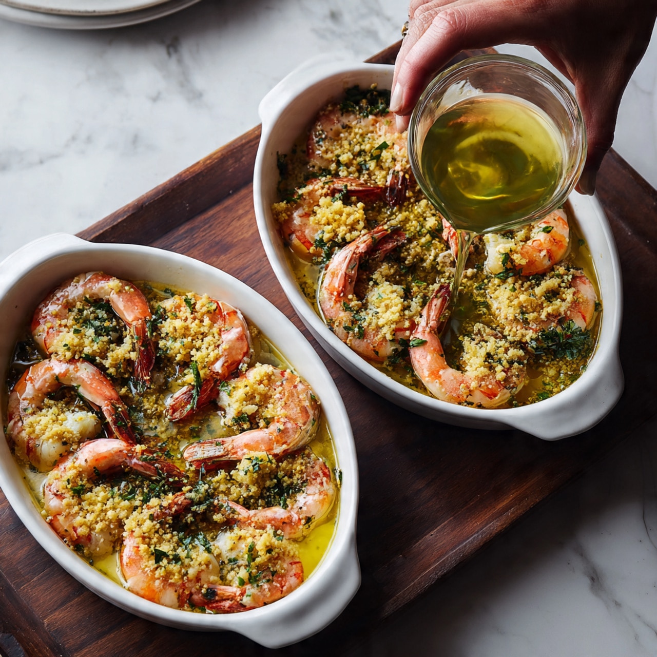 Two white baking dishes sit side by side on a dark wooden board, placed on a white marbled surface. Each dish holds a layer of large raw shrimp arranged in a circular pattern with tails pointing outward. The shrimp are topped with a rough, crumbly yellow seasoning mixed with green herbs. A woman's hand is seen pouring a light green liquid from a small glass cup onto the shrimp in the right dish. The scene is lit softly, highlighting the textures of the shrimp, herbs, and seasoning. photo taken with an iphone --ar 4:5 --v 7