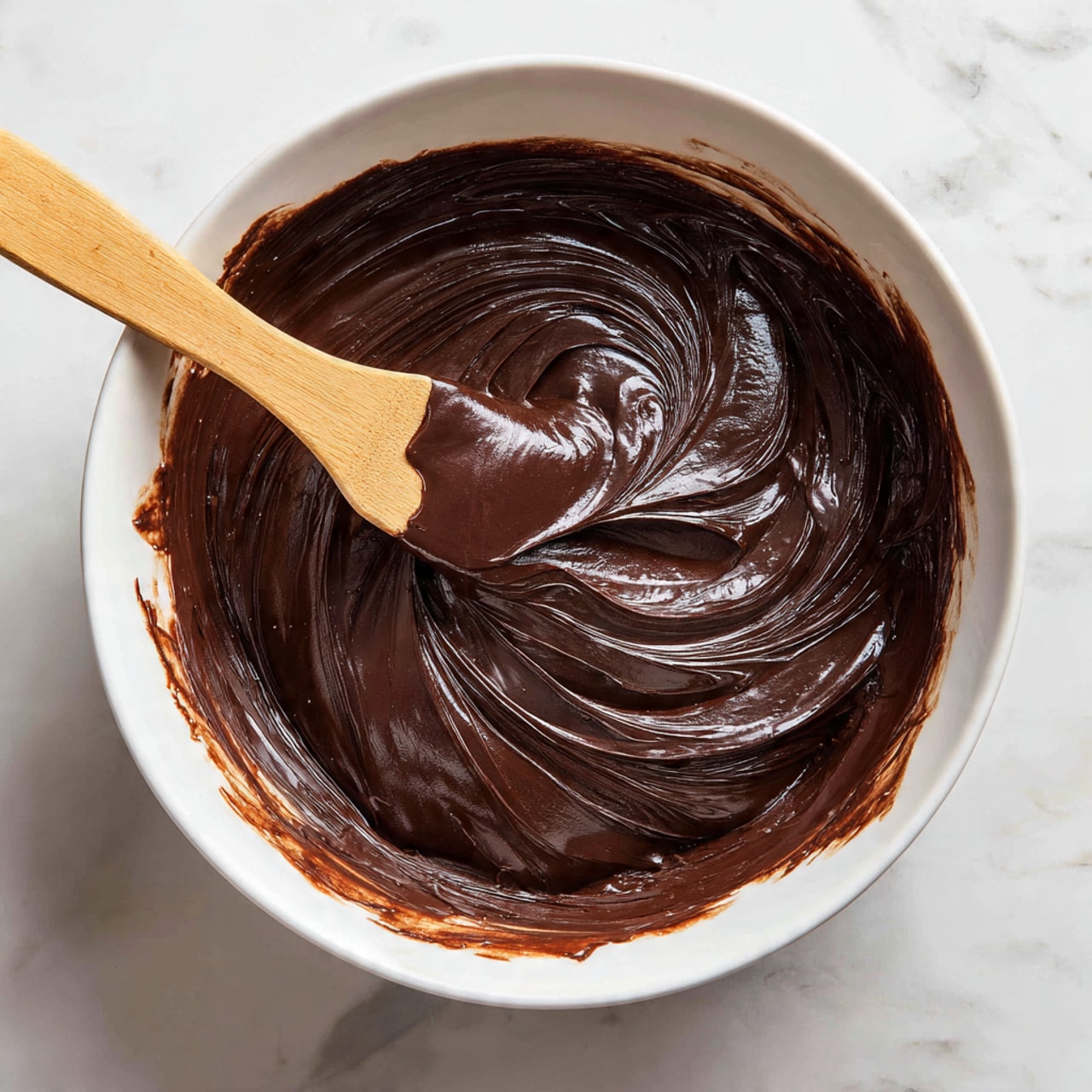 A white bowl filled with thick dark brown chocolate batter, showing smooth and creamy texture with swirling patterns on the surface. A wooden spatula is stuck into the batter, its blade covered in the glossy chocolate mix. The inside edges of the bowl are smeared with chocolate, and the bowl sits on a white marbled surface. photo taken with an iphone --ar 4:5 --v 7