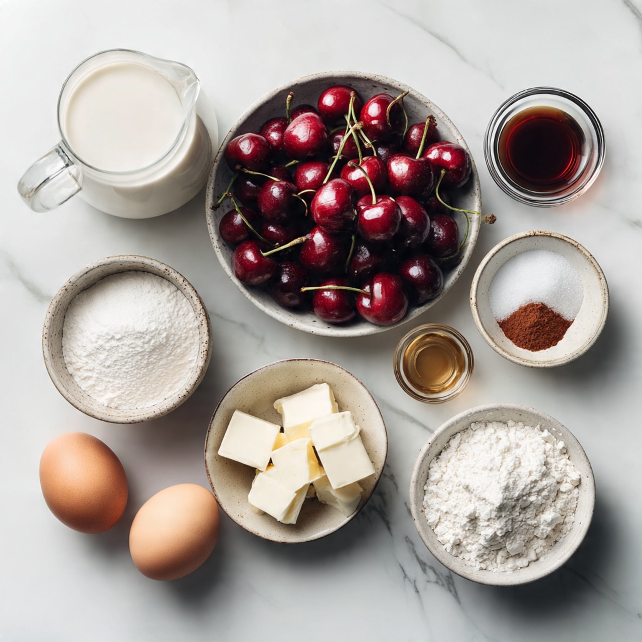 A round cherry dessert with two clear layers is shown from above on a large white plate; the top layer is deep red with visible whole and partial cherries, shiny and slightly textured, while the bottom layer is smooth and light beige, partially visible at the edges. Beside the plate is a white bowl filled with bright red cherries, some scattered outside it, a folded floral napkin with two forks on top, a wooden-handled knife, and an empty white plate, all set on a white marbled surface. Photo taken with an iphone --ar 4:5 --v 7