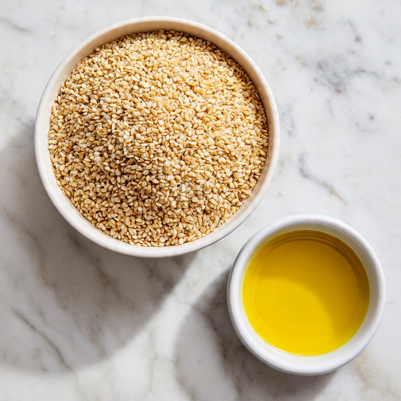 A large white bowl filled with light beige hulled sesame seeds that have a slightly rough texture and small size, sitting centered on a white marbled surface; above it and slightly to the left, there is a smaller white bowl filled with smooth, golden-yellow olive oil. Photo taken with an iphone --ar 4:5 --v 7