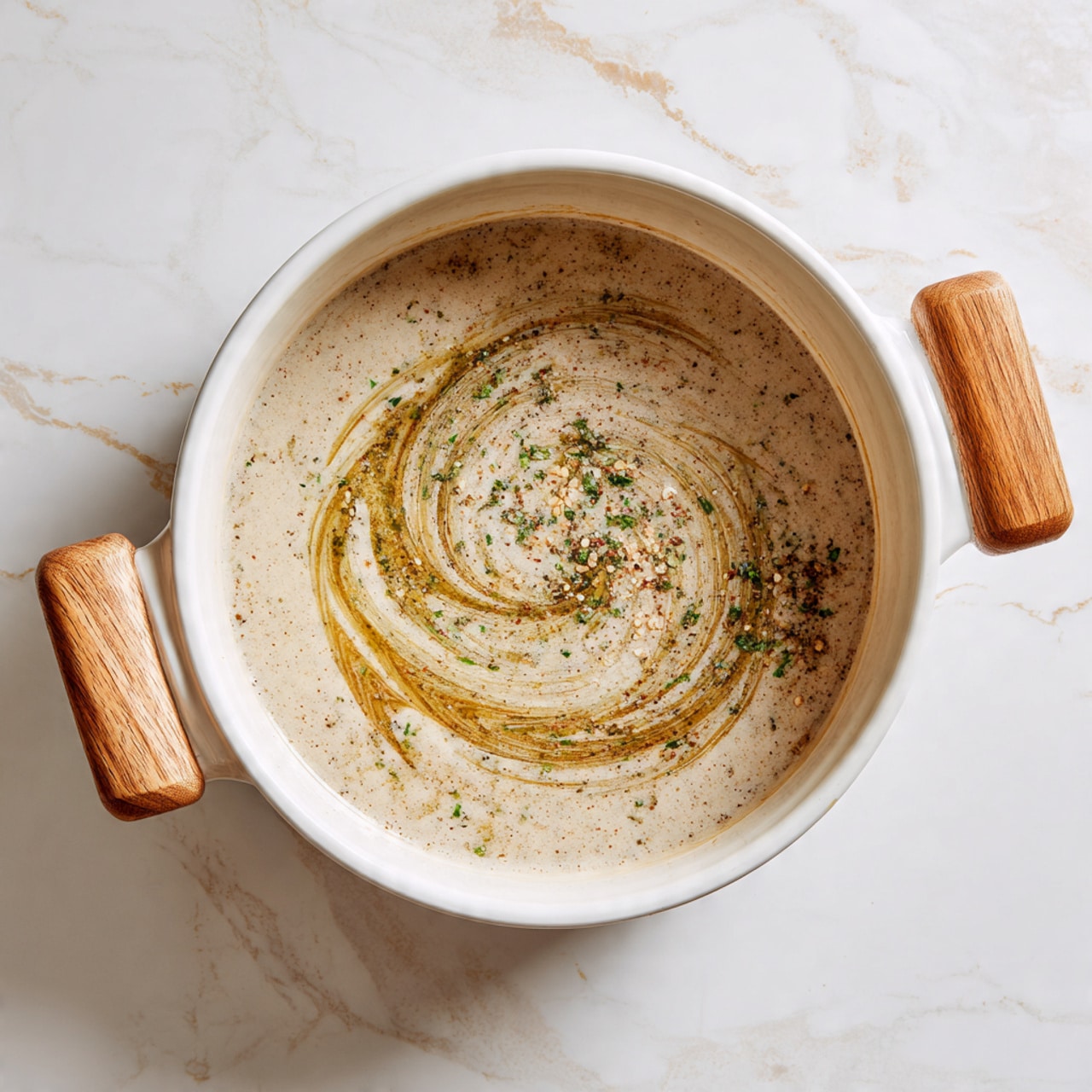 A white pot with light wood handles holds a creamy sauce with a smooth texture, light beige in color with hints of green herbs mixed throughout. A swirl of golden oil or seasoning lies on top, creating a circular pattern. The pot is set on a white marbled surface that adds a clean and elegant touch to the image photo taken with an iphone --ar 4:5 --v 7