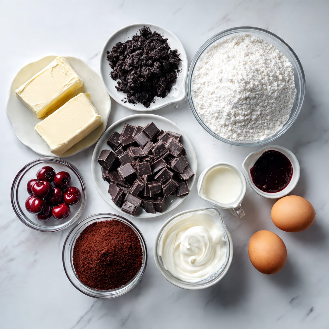 A round chocolate cake with a thick dark brown base layer sits on a round white wire cooling rack. On top of the base is a smooth, slightly lighter brown chocolate cheesecake layer. The cheesecake is topped with a thick, bright red cherry topping full of whole cherries that shine under the light. The cake is placed on a white marbled surface with a glass bowl filled with white whipped cream and a wooden spoon inside it behind the cake. A metal cake server lies next to the bowl. A woman's hand striped cloth is folded and placed on the right side of the cooling rack. Photo taken with an iphone --ar 4:5 --v 7