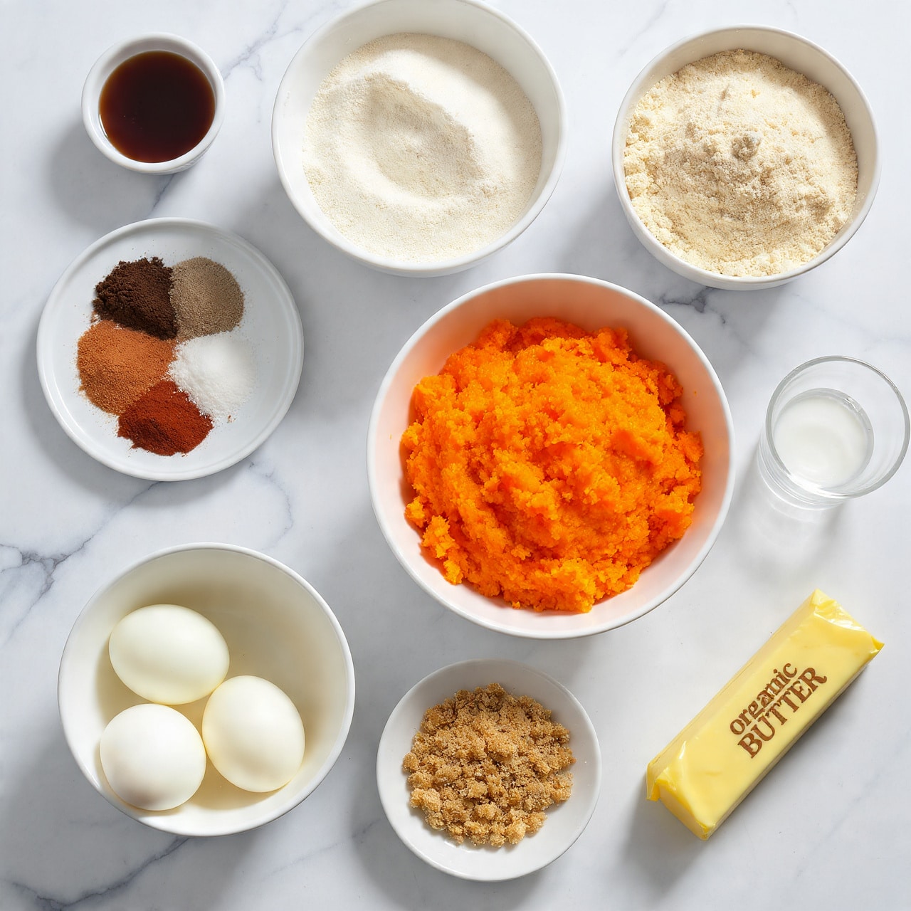 A white bowl is shown on a white marbled surface. Inside the bowl, there are four separate sections of ingredients: at the top, there is a pile of light brown sugar with a grainy texture; to the right, two raw egg yolks with bright orange color sit in clear egg whites; below the sugar is a glossy dark brown liquid, and on the left, there is a mound of smooth, bright orange pumpkin puree. The ingredients are not mixed, each staying in its own area within the bowl. photo taken with an iphone --ar 4:5 --v 7
