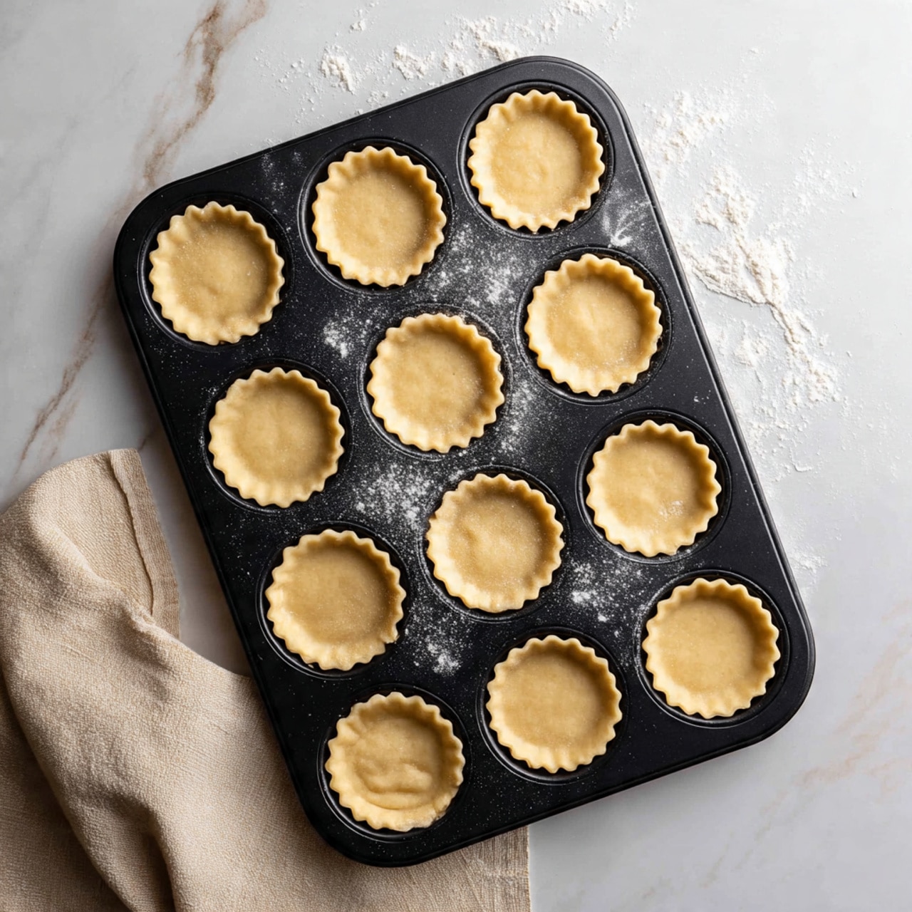 A black muffin tray holds 12 unbaked tart shells, each shaped with a scalloped edge and smooth, even golden dough pressed nicely inside each cup. The tray sits on a white marbled surface with a light beige fabric placed to the left. The tart shells have a soft matte finish with some flour dust lightly scattered around the tray edges, showing the preparation stage. photo taken with an iphone --ar 4:5 --v 7