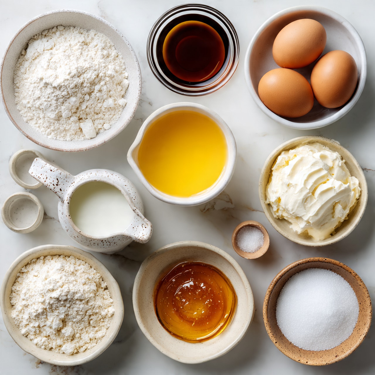 The image shows nine small bowls and two eggs placed on a white marbled surface. The top left bowl holds white all-purpose flour with a fine, powdery texture. To the right, a clear glass bowl contains a dark brown liquid labeled vanilla extract. Below it, a white jug is filled with bright yellow melted butter. Next to it, two brown eggs sit side by side. Below the flour, a white bowl holds sourdough discard with a smooth, creamy texture and small bubbles. Near the bottom left, a speckled white jug contains milk with a light creamy color. Adjacent to it, a speckled white bowl is filled with amber-colored honey, shiny and clear. At the bottom center, a beige bowl contains white powder labeled baking powder and baking soda. To the right, a small brown bowl holds coarse white salt. All items are neatly arranged, with clear labels in black text above each ingredient. Photo taken with an iphone --ar 4:5 --v 7