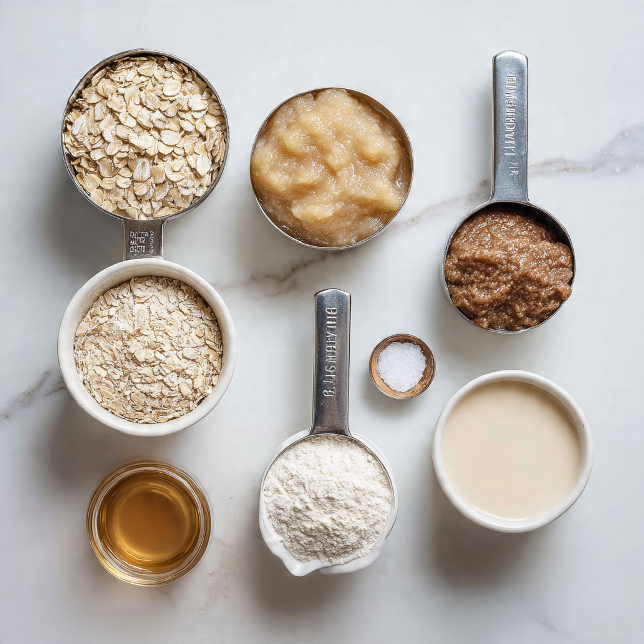 The image shows seven measuring spoons and small white bowls arranged neatly on a white marbled surface. Starting from the top left, there is a metal half-cup filled with light beige rolled oats with a rough texture. Next to it on the right, a metal quarter-cup filled with smooth, light golden applesauce sits centrally. To the right of the applesauce, a white bowl contains a dark brown, thick mixture labeled flax egg (optional). Below this, a white bowl with a fine white powder labeled baking powder is placed. On the bottom right, another white bowl holds a creamy beige liquid labeled plant-based milk. On the bottom left, a small metal measuring spoon filled with clear maple syrup sits horizontally. Below that, a tiny metal measuring spoon with white salt completes the arrangement. The items are evenly spaced on the white marbled background, and all measuring tools are stainless steel. photo taken with an iphone --ar 4:5 --v 7