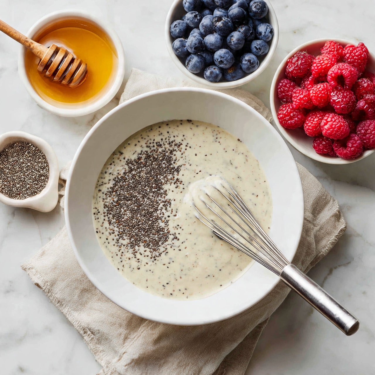 A white bowl filled with a creamy, pale layer of liquid mixed with small black chia seeds scattered evenly on top, with a small metal whisk resting on the right side inside the bowl. Around the bowl, there are several small white dishes containing fresh berries: bright red raspberries in two separate dishes and dark blue blueberries in another. There is also a small white bowl with honey and a wooden honey dipper inside it, positioned to the top left side, and a small dish of dry chia seeds at the bottom left. Everything is placed on a white marbled textured surface with a light beige cloth beneath the main bowl. Photo taken with an iphone --ar 4:5 --v 7