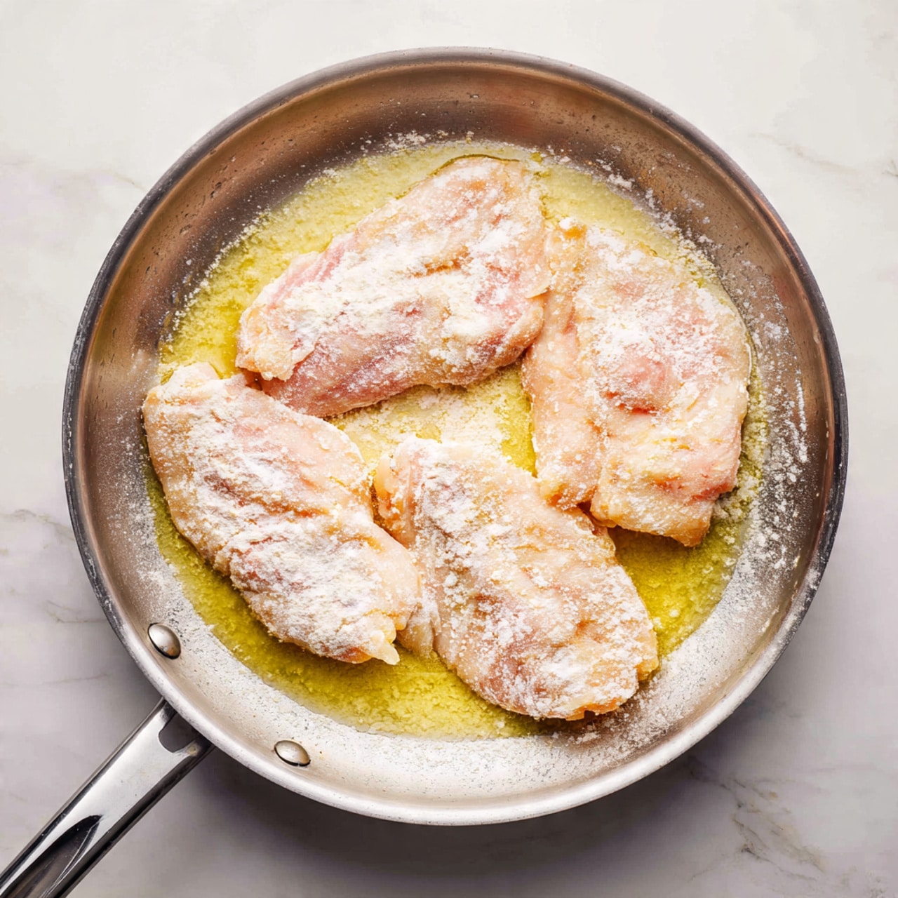 The image shows a top view of a shiny silver pan placed on a white marbled surface. Inside the pan, there are four thin pieces of meat, each lightly coated with flour, giving them a powdery white texture. The meat pieces have a pale pink color beneath the flour and are frying in a pool of melted butter, which is a golden yellow liquid spreading across the bottom of the pan. The edges of the meat pieces are soft and uneven, with some parts slightly curled up. The pan handles extend outwards on both sides. Photo taken with an iphone --ar 4:5 --v 7
