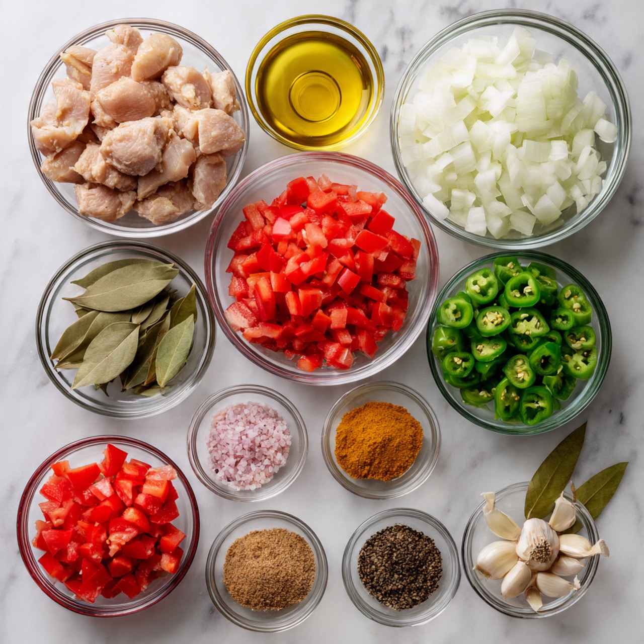 The image shows multiple clear glass bowls arranged on a white marbled surface, each filled with different ingredients. At the top left, a large bowl holds chunks of raw chicken, next to a small bowl of light golden canola oil at the top center. On the top right, a large bowl is filled with chopped white onions. Below the chicken, a bowl contains chopped green peppers, and to its right, a bowl with bright red diced red peppers. Near the center is a tiny bowl with mixed pink salt and black pepper. To the right of the red peppers, a small bowl has sliced green jalapenos, and next to it is a tiny bowl of grated pale ginger. Below the jalapenos, there is a medium bowl with diced bright red tomatoes. At the bottom left, a small bowl of brown sugar sits next to a sample of bay leaves arranged flat in a bowl. Next to those, a small bowl holds several whole white garlic cloves. Below that, three small bowls are filled with dark brown cayenne powder, bright yellow turmeric powder, and light green coriander powder. Center bottom features a small bowl with yellow curry powder. The bottom right has a large bowl of cubed light yellow potatoes, and beside it, a medium bowl filled with fresh green cilantro leaves. Lastly, to the right center, a large bowl holds white coconut milk. All the bowls are seen from above and spaced evenly. Photo taken with an iphone --ar 4:5 --v 7