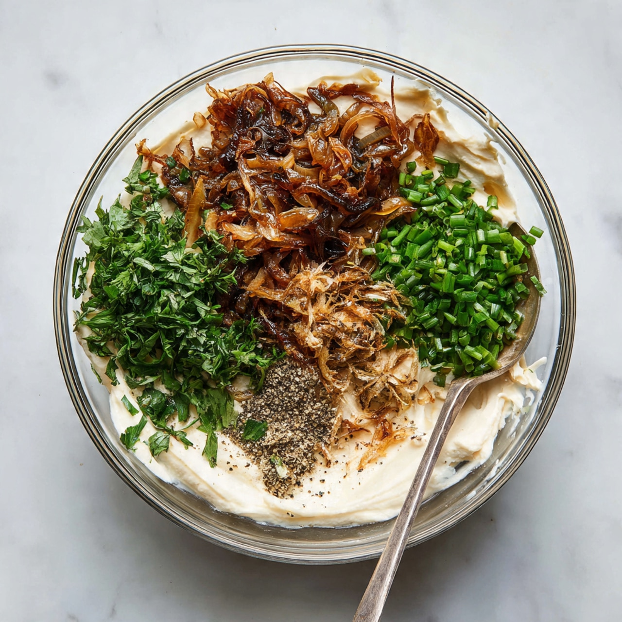A clear glass bowl contains five layers arranged side by side on a white marbled surface. The first layer is thick and creamy, white with a light smear of beige, forming the base. Next, there is a rough, chunky layer of dark brown caramelized onion with a shiny texture. On top of the onions, there is a pile of finely chopped fresh green herbs with a slightly leafy texture. Next to the herbs is a mound of finely cut chives, bright green and cylindrical. Scattered on the creamy base and onions are small specks of black and white ground pepper and seasoning. A silver spoon rests inside the bowl on the right side. photo taken with an iphone --ar 4:5 --v 7