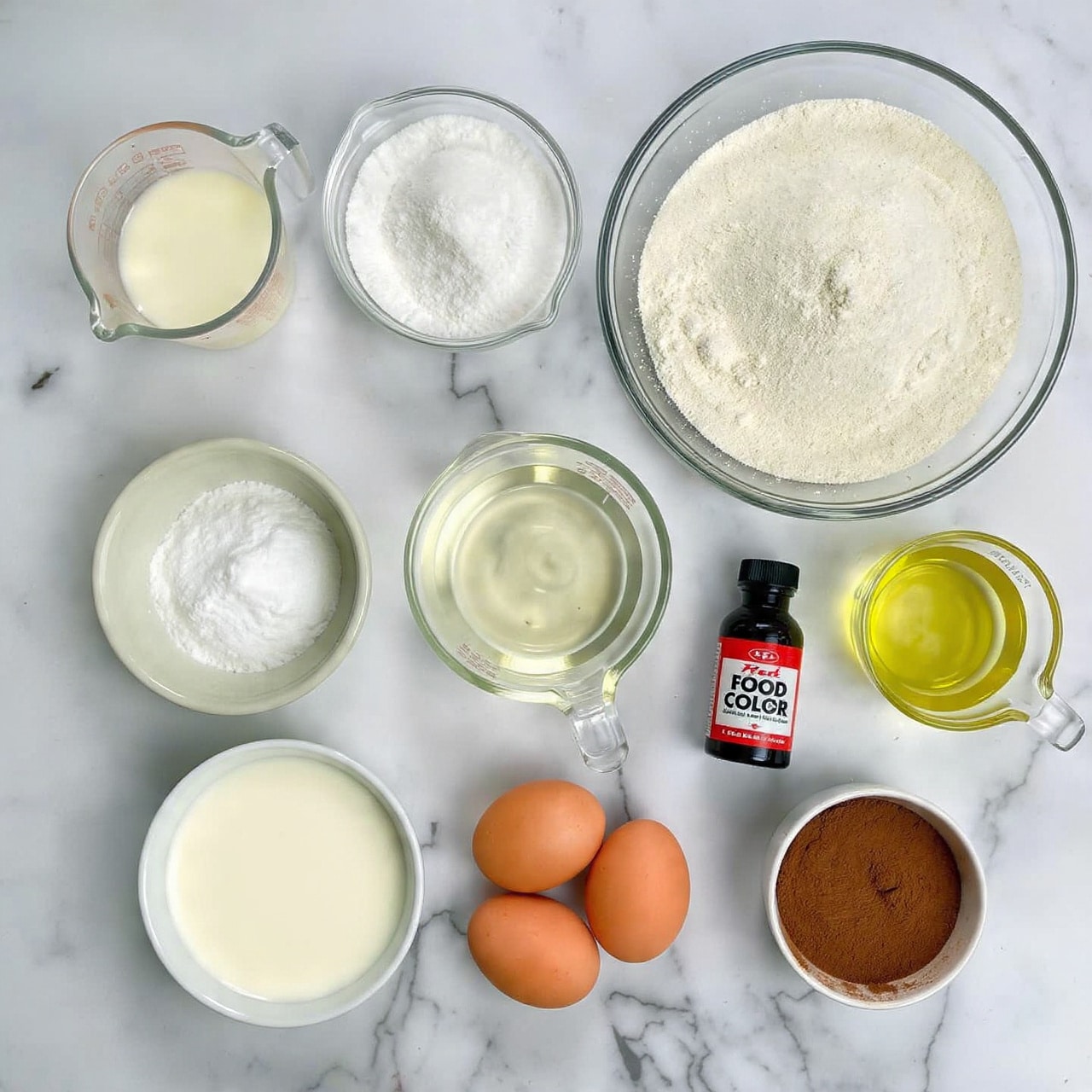 The image shows a top view of various ingredients arranged neatly on a white marbled surface. There is a clear glass measuring cup filled with a light yellow liquid in the center. Above it, there are two white bowls, one filled with granulated sugar and the other with white flour. To the left of the measuring cup, there is a small clear glass filled with a creamy white liquid, a white bowl with a thick white cream, and a small metal cup filled with a light brown liquid. Below and to the left of the measuring cup, there is a small white bowl filled with cocoa powder. To the bottom right, two white eggs are placed side by side, and next to them is a small beige bowl with a white powder, likely baking soda or salt. A small black bottle labeled