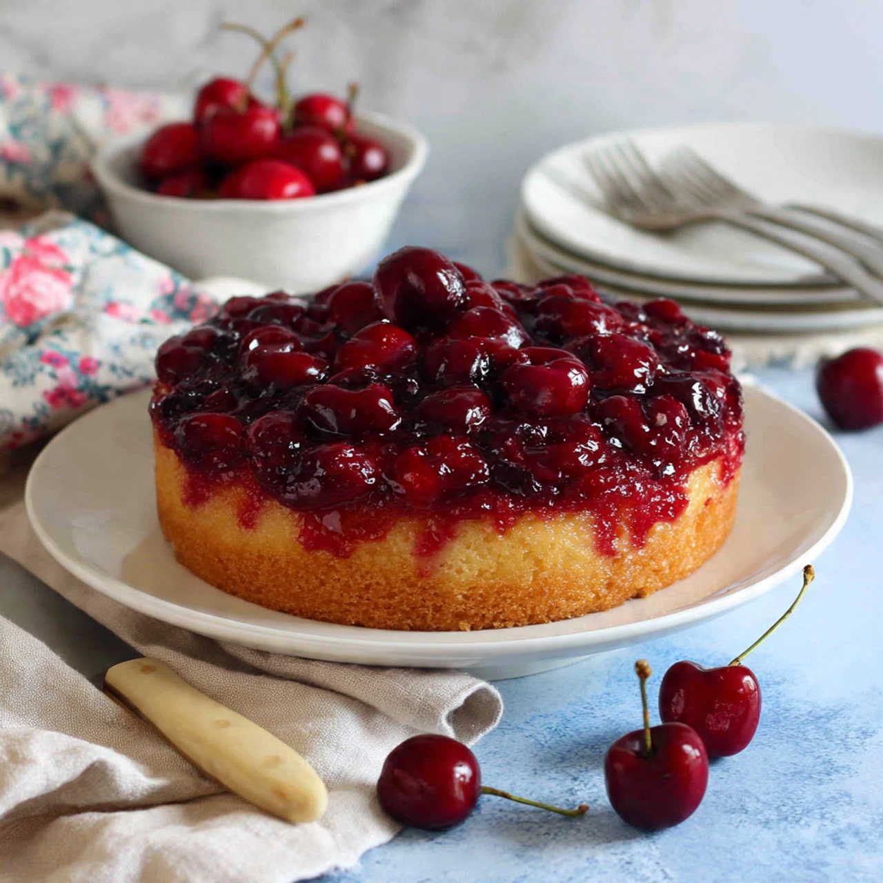 A slice of cake is shown on a white plate with two layers: a thick bottom layer of light golden cake and a thin top layer of bright red cherry topping with a slightly shiny, textured surface. On top of the cherry layer, there is a swirl of white whipped cream with a whole red cherry and green stem as decoration. In the background, more slices of the same cake are on a white plate, and a white ramekin filled with fresh cherries sits on a white marbled surface. Scattered cherries and a silver fork and cake server are also visible around the plates. Photo taken with an iphone --ar 4:5 --v 7